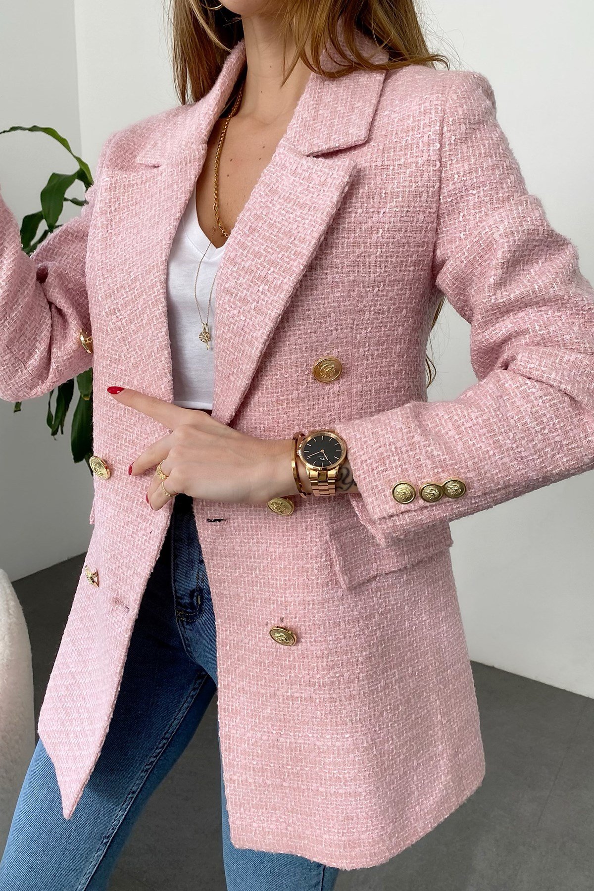 Pembe Çoklu Gold Düğme Detay Cepli Tüvit Blazer