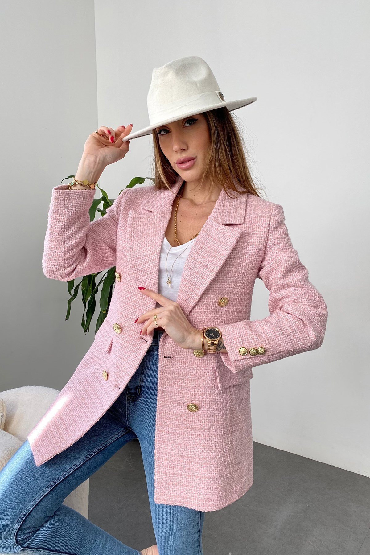 Pembe Çoklu Gold Düğme Detay Cepli Tüvit Blazer