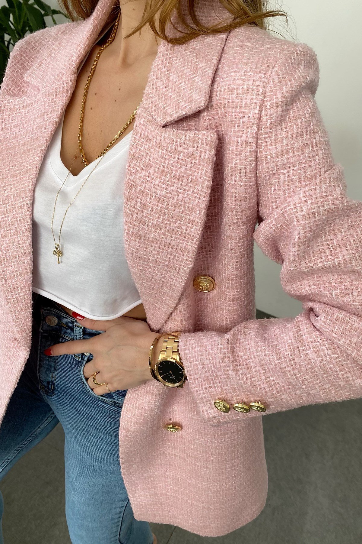 Pembe Çoklu Gold Düğme Detay Cepli Tüvit Blazer