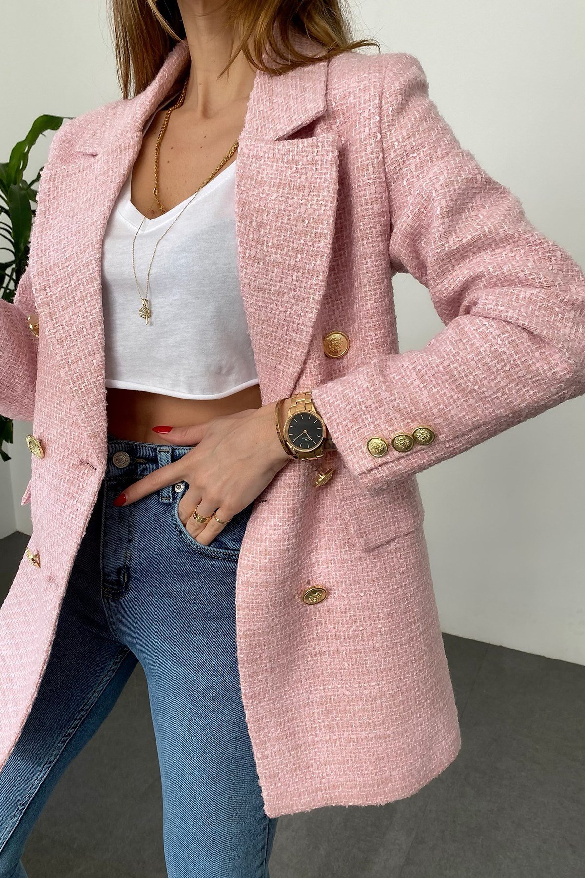 Pembe Çoklu Gold Düğme Detay Cepli Tüvit Blazer