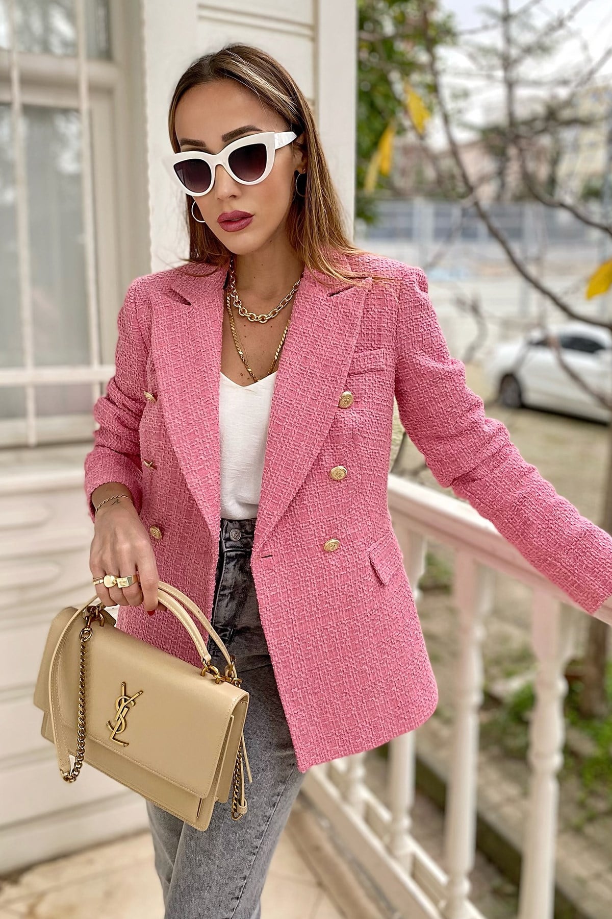 Pembe Gold Düğme Detay Cepli Tasarım Tüvit Ceket