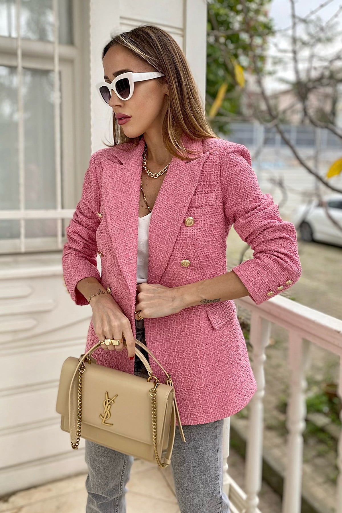 Pembe Gold Düğme Detay Cepli Tasarım Tüvit Ceket