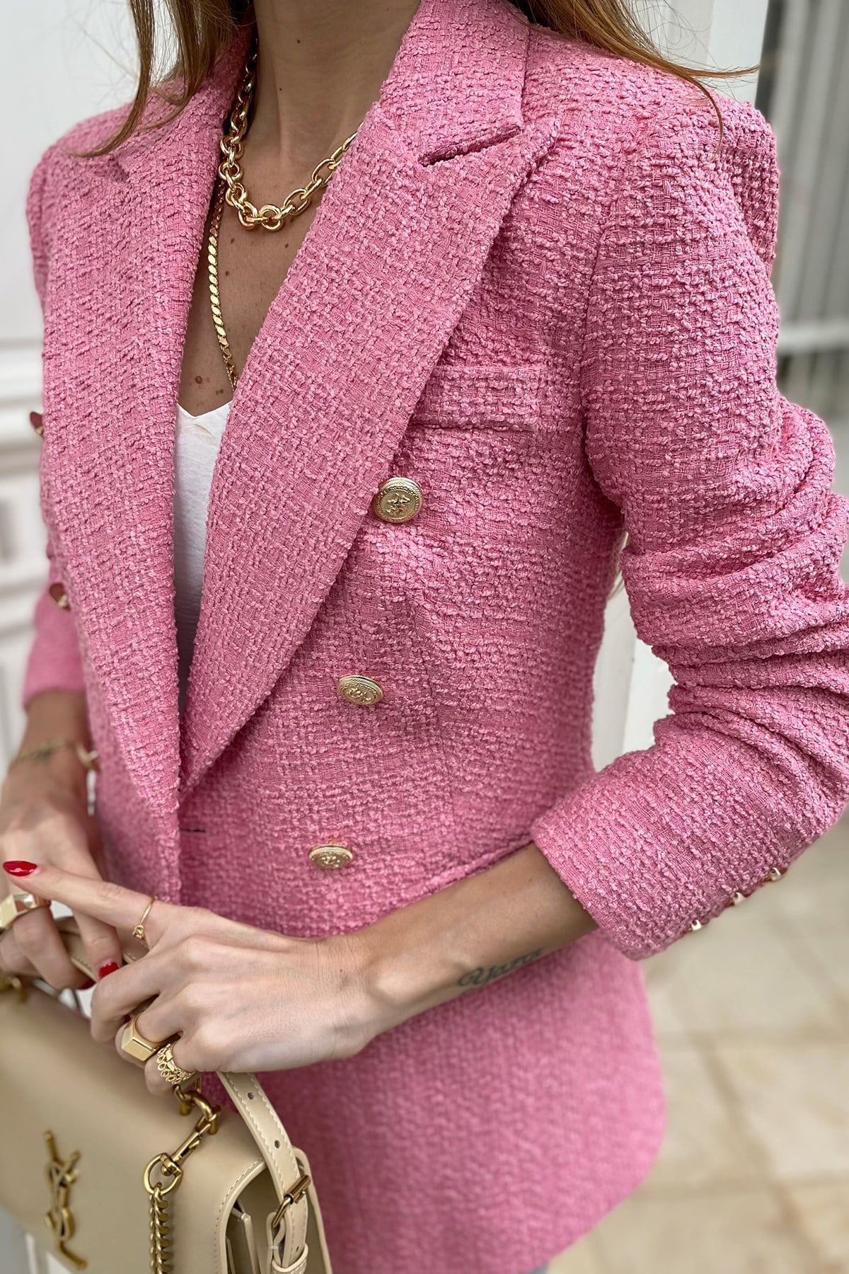 Pembe Gold Düğme Detay Cepli Tasarım Tüvit Ceket