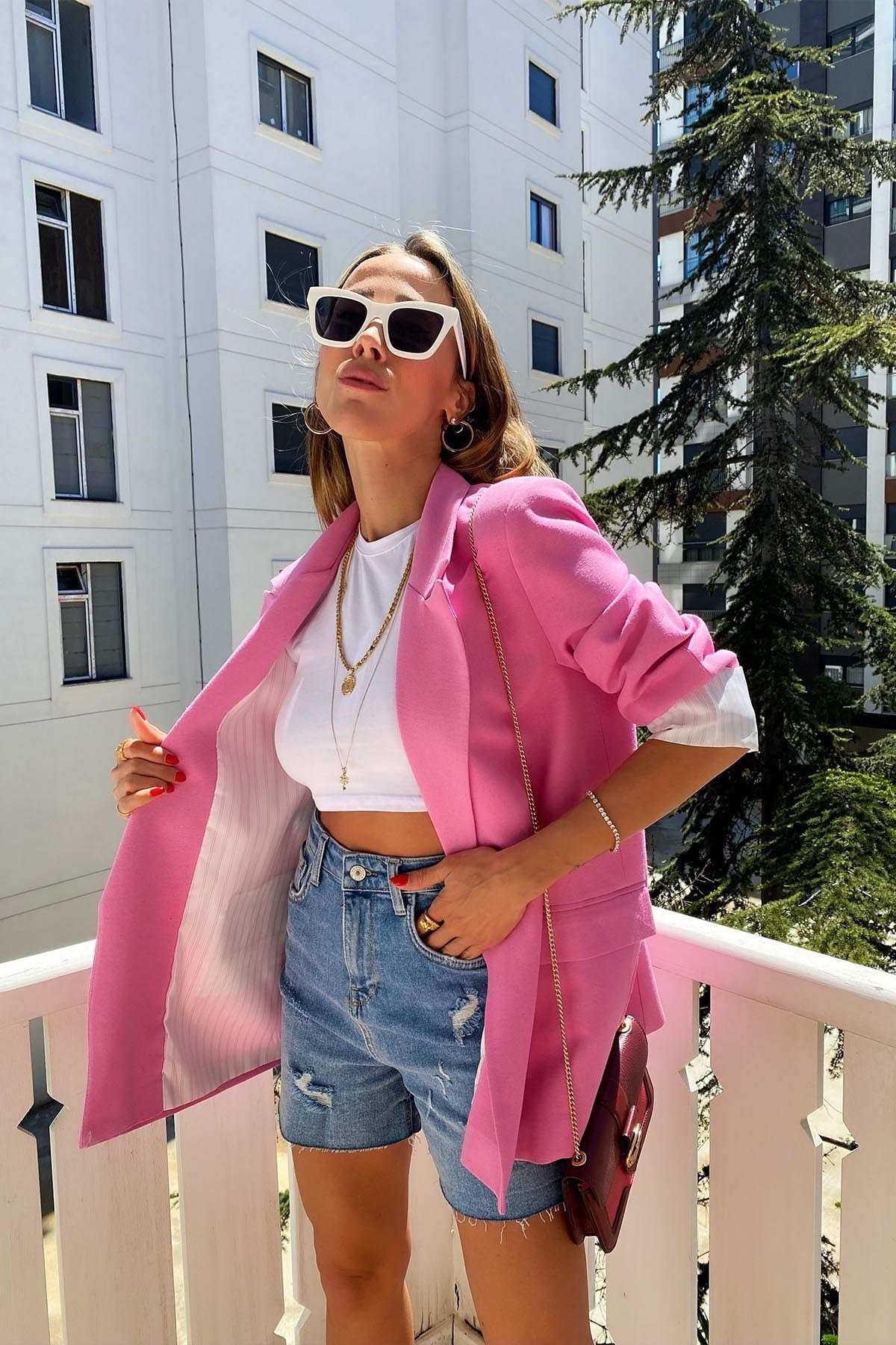 Pembe Tek Düğmeli Kolu Katlanabilir Tasarım Oversize Olea Ceket