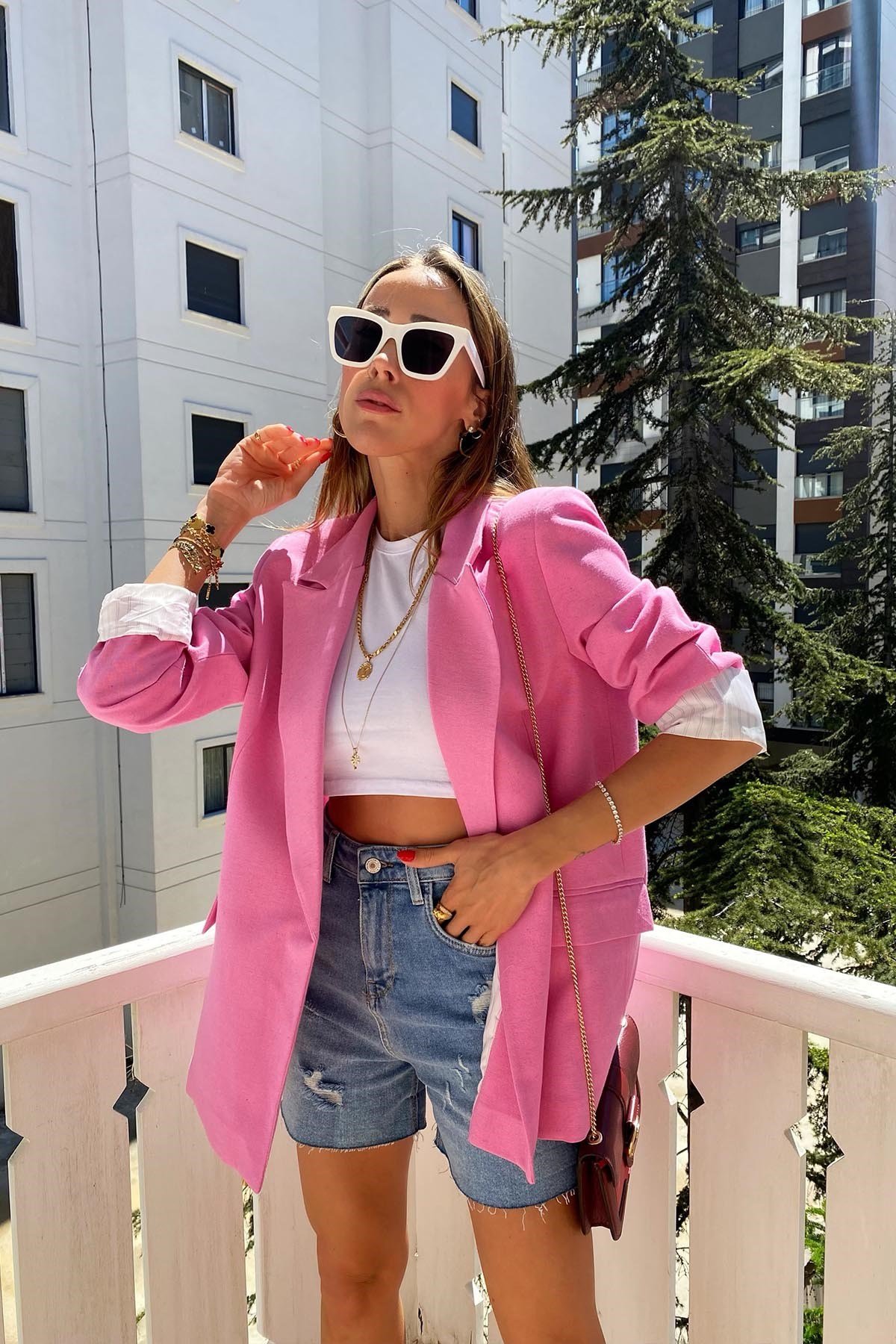 Pembe Tek Düğmeli Kolu Katlanabilir Tasarım Oversize Olea Ceket