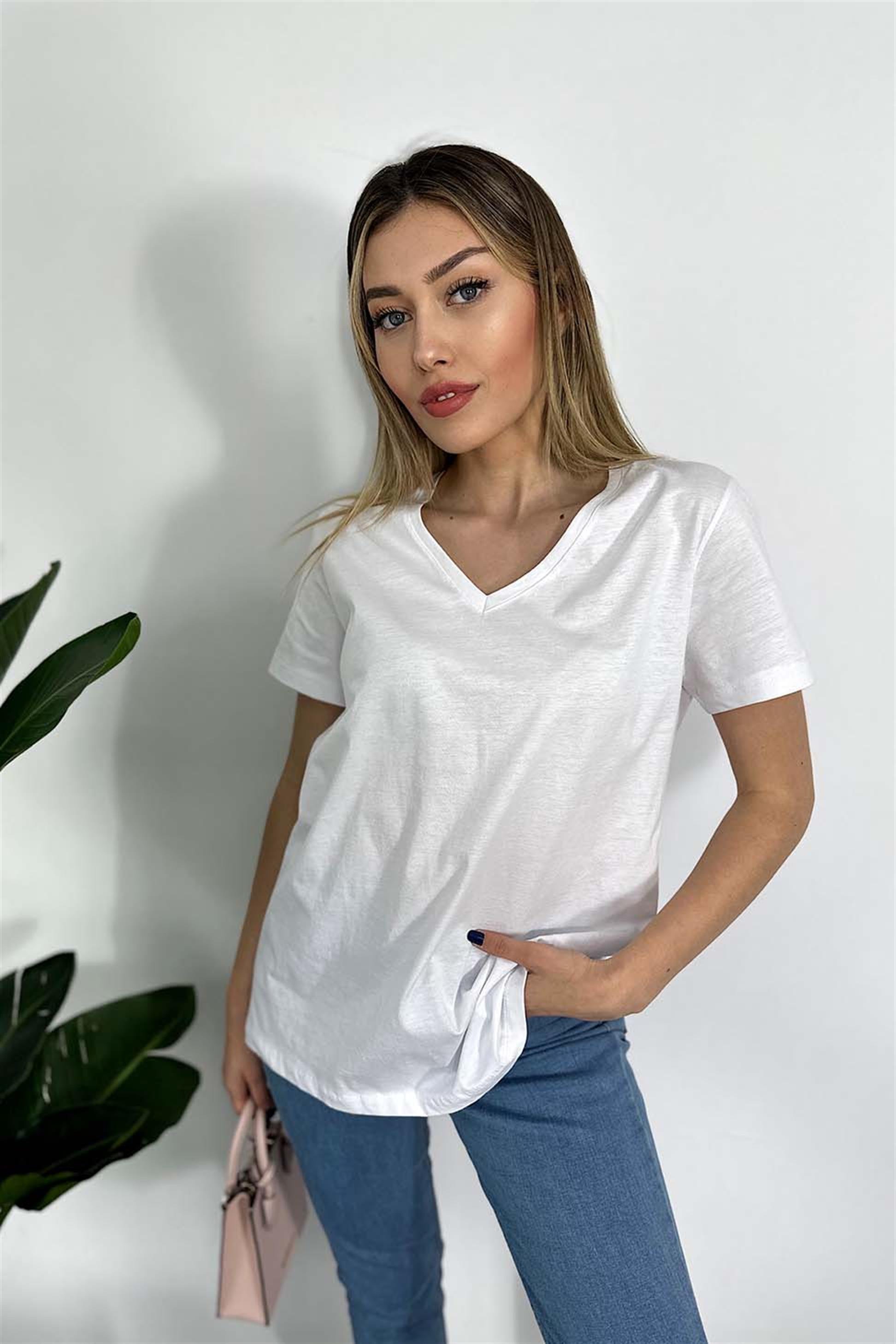 Penye Kumaş V Yaka Basic Tişört Beyaz