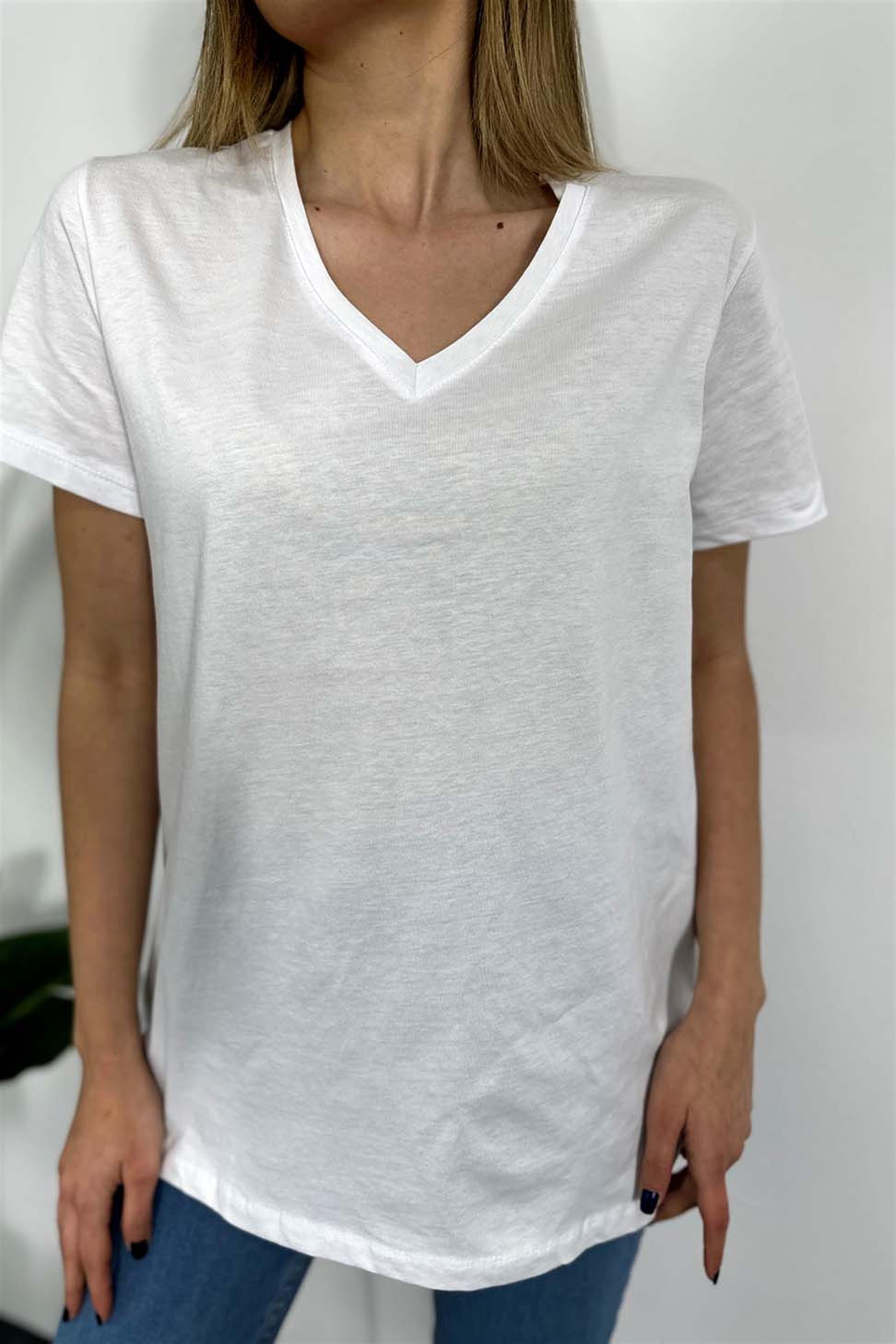 Penye Kumaş V Yaka Basic Tişört Beyaz