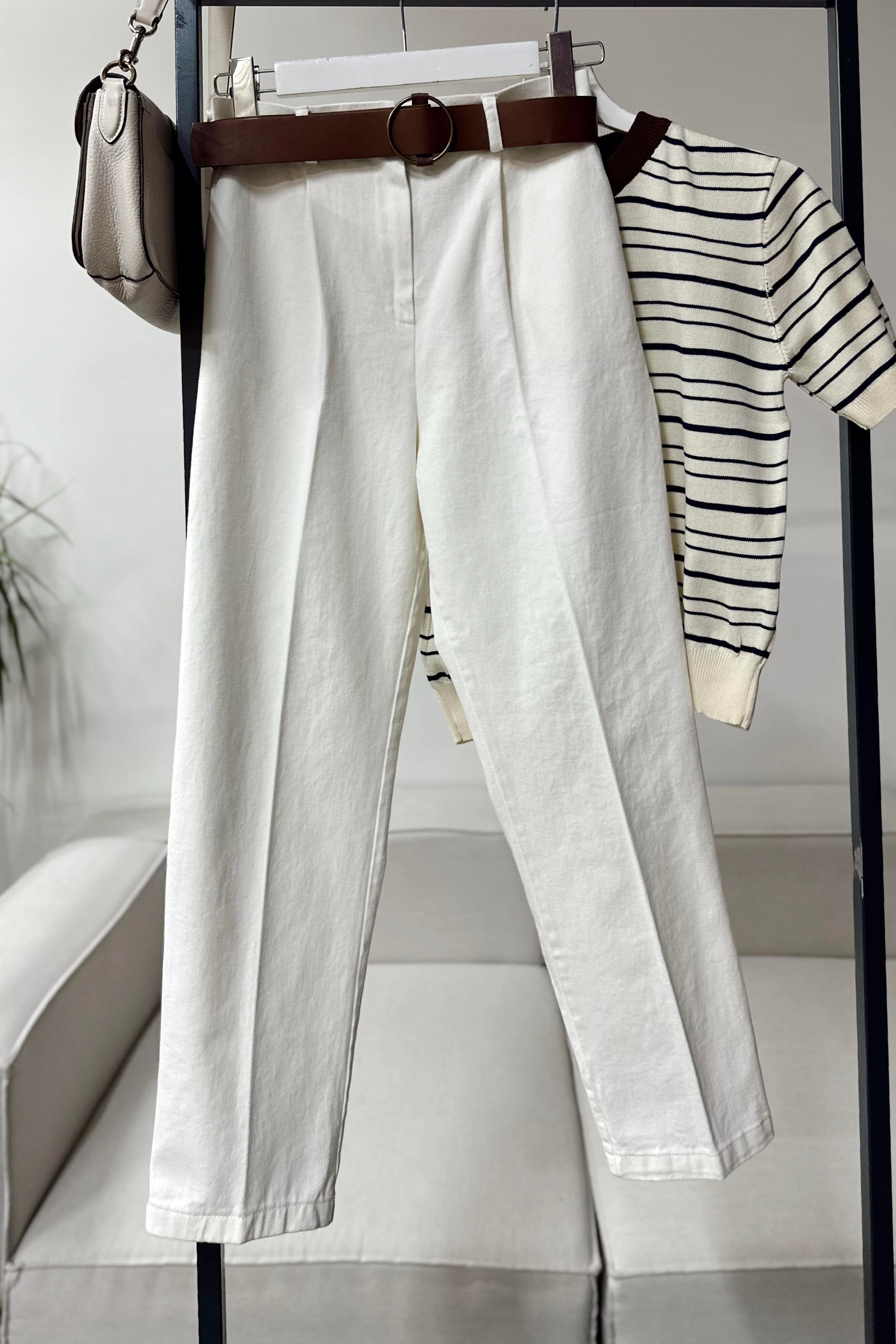 Perla Ekru Kemerli Gabardin Pantolon