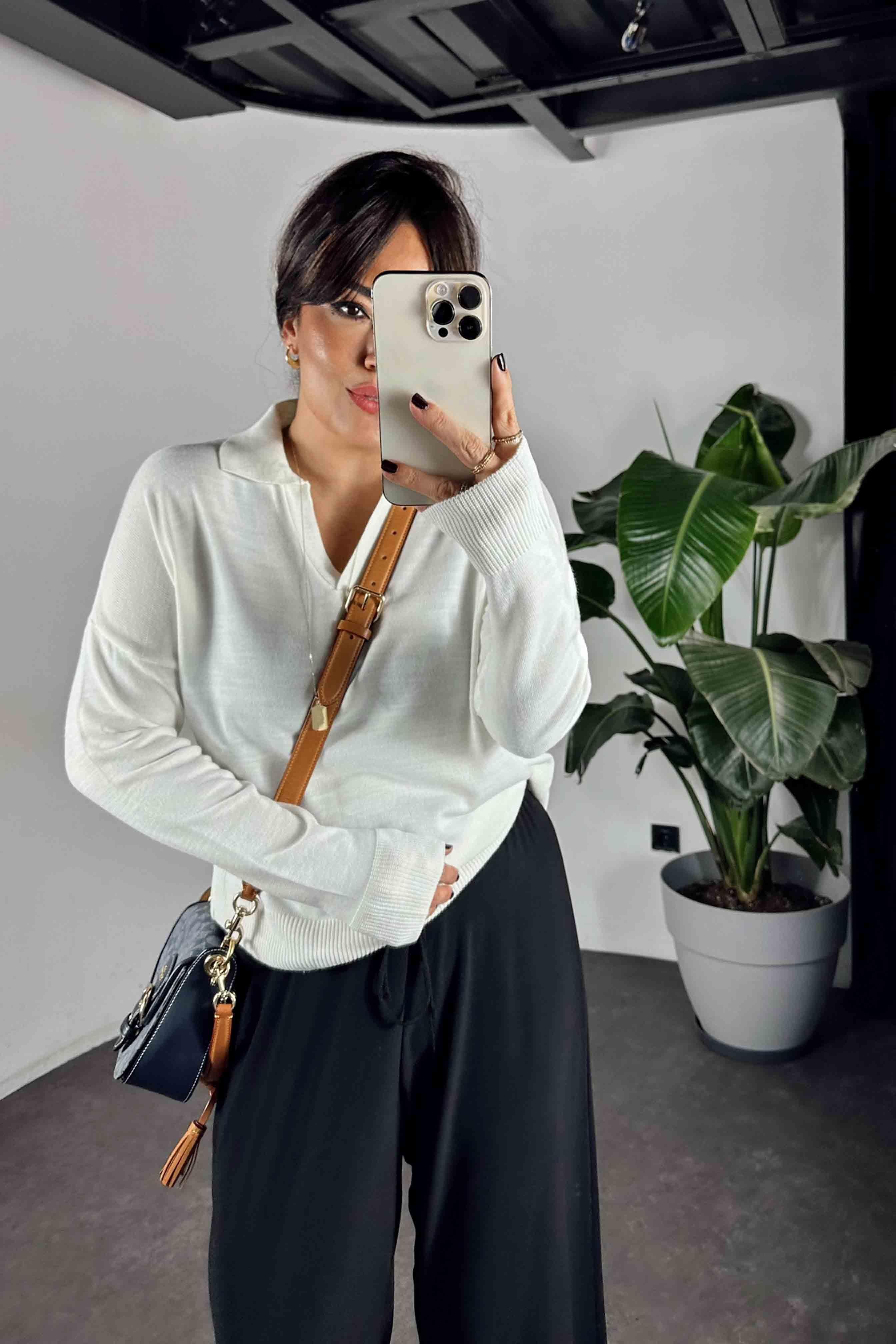 Polo Yaka Basic Triko Kazak Ekru