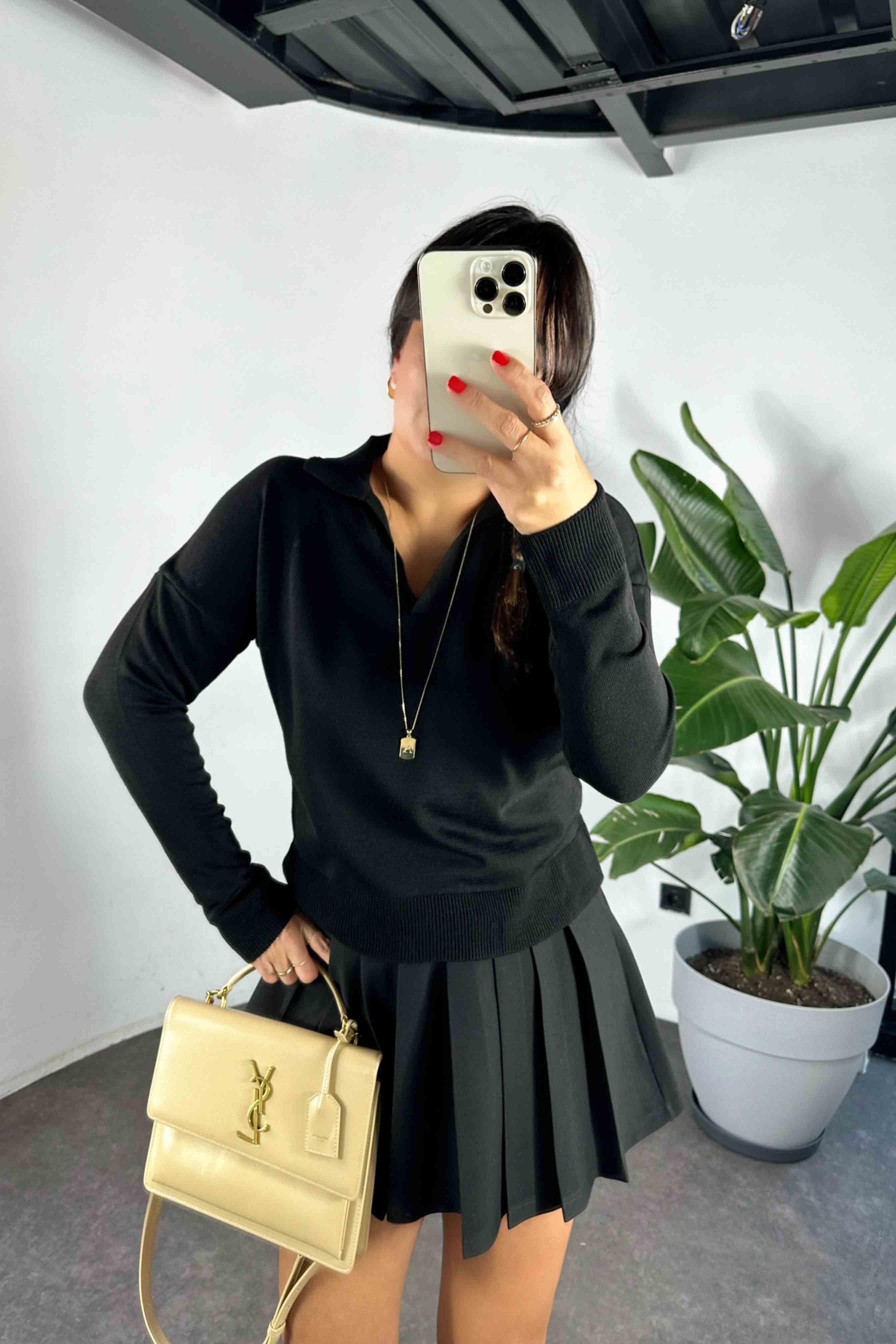 Polo Yaka Basic Triko Kazak Siyah