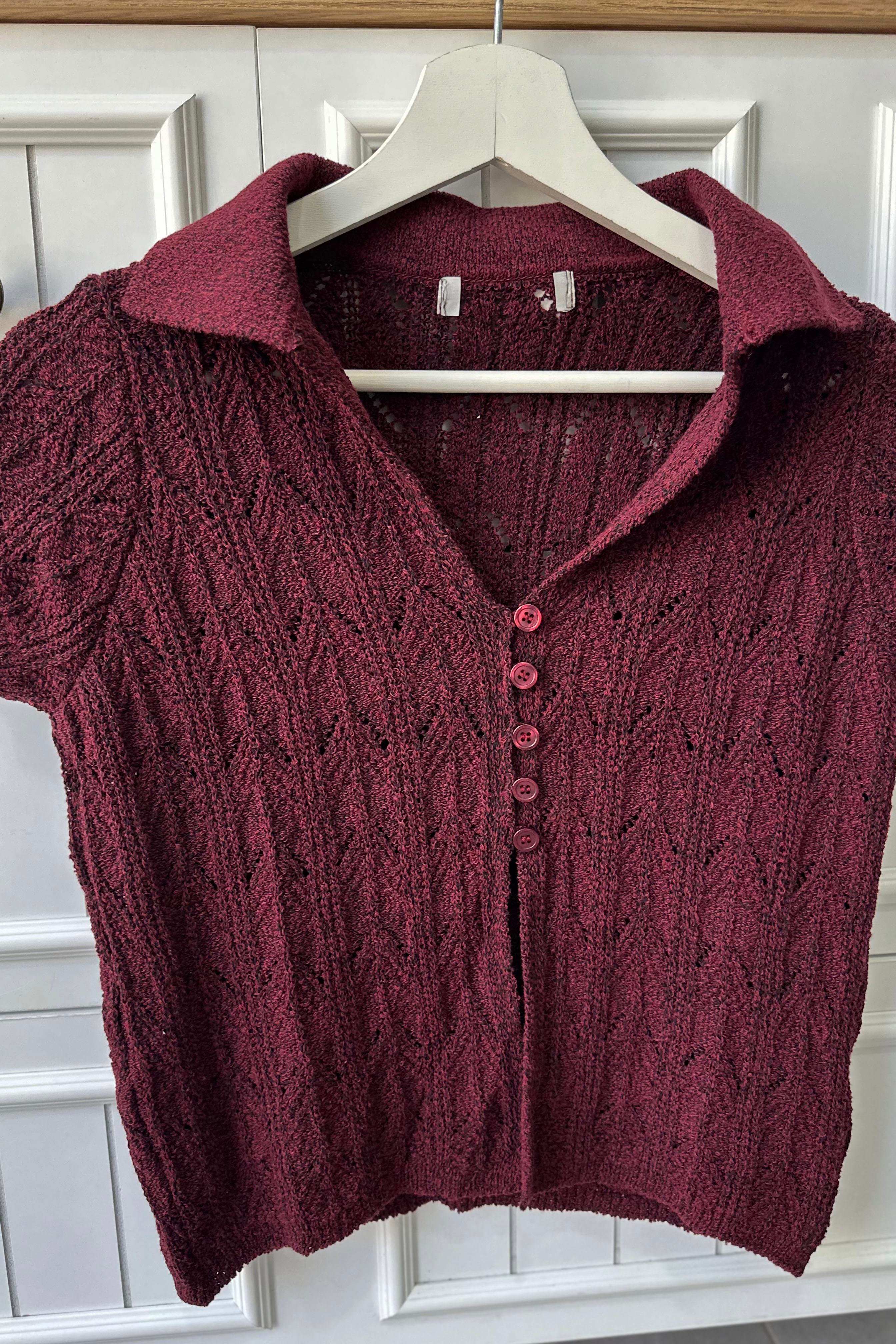 Polo Yaka Düğmeli Triko Bluz Bordo
