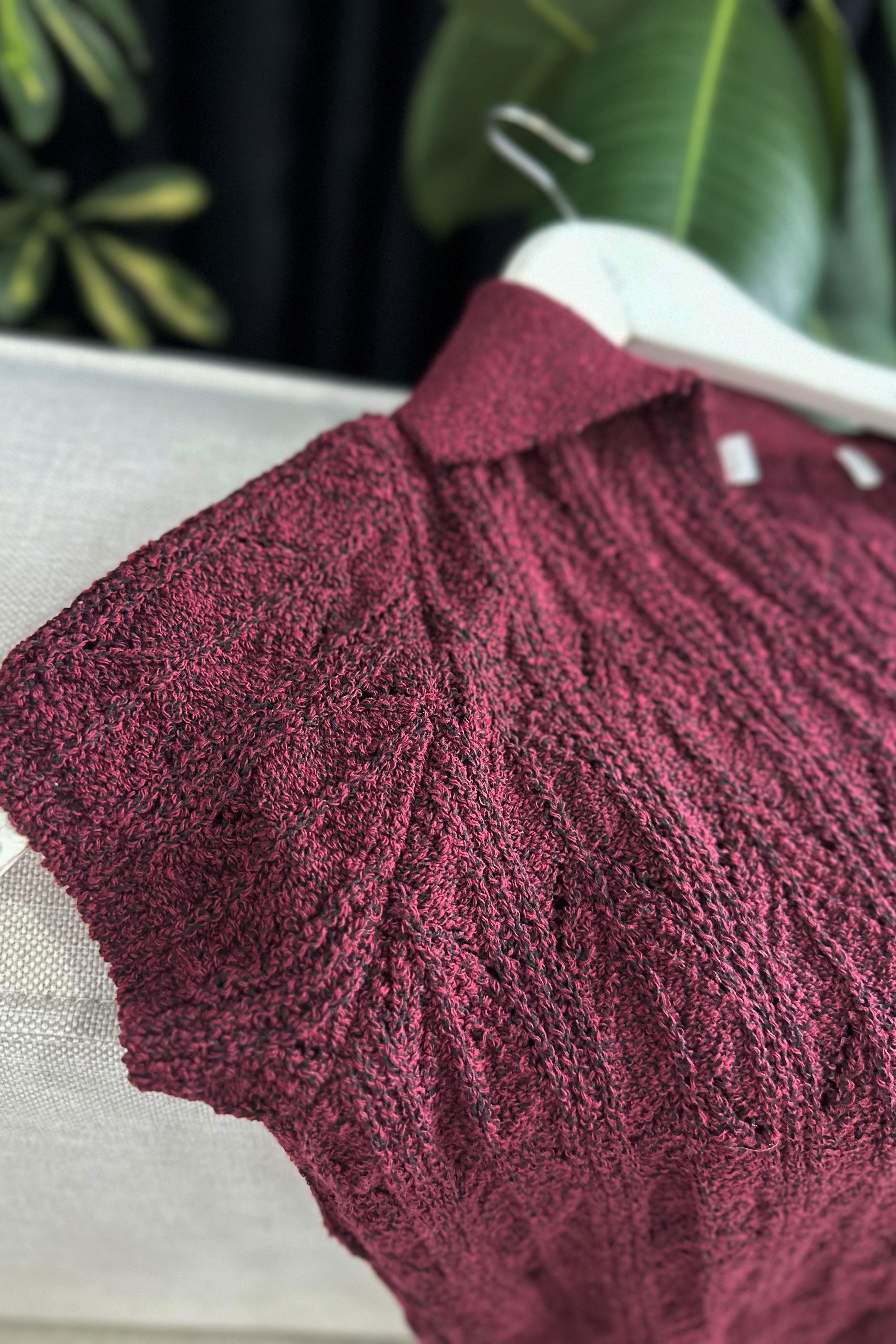 Polo Yaka Düğmeli Triko Bluz Bordo