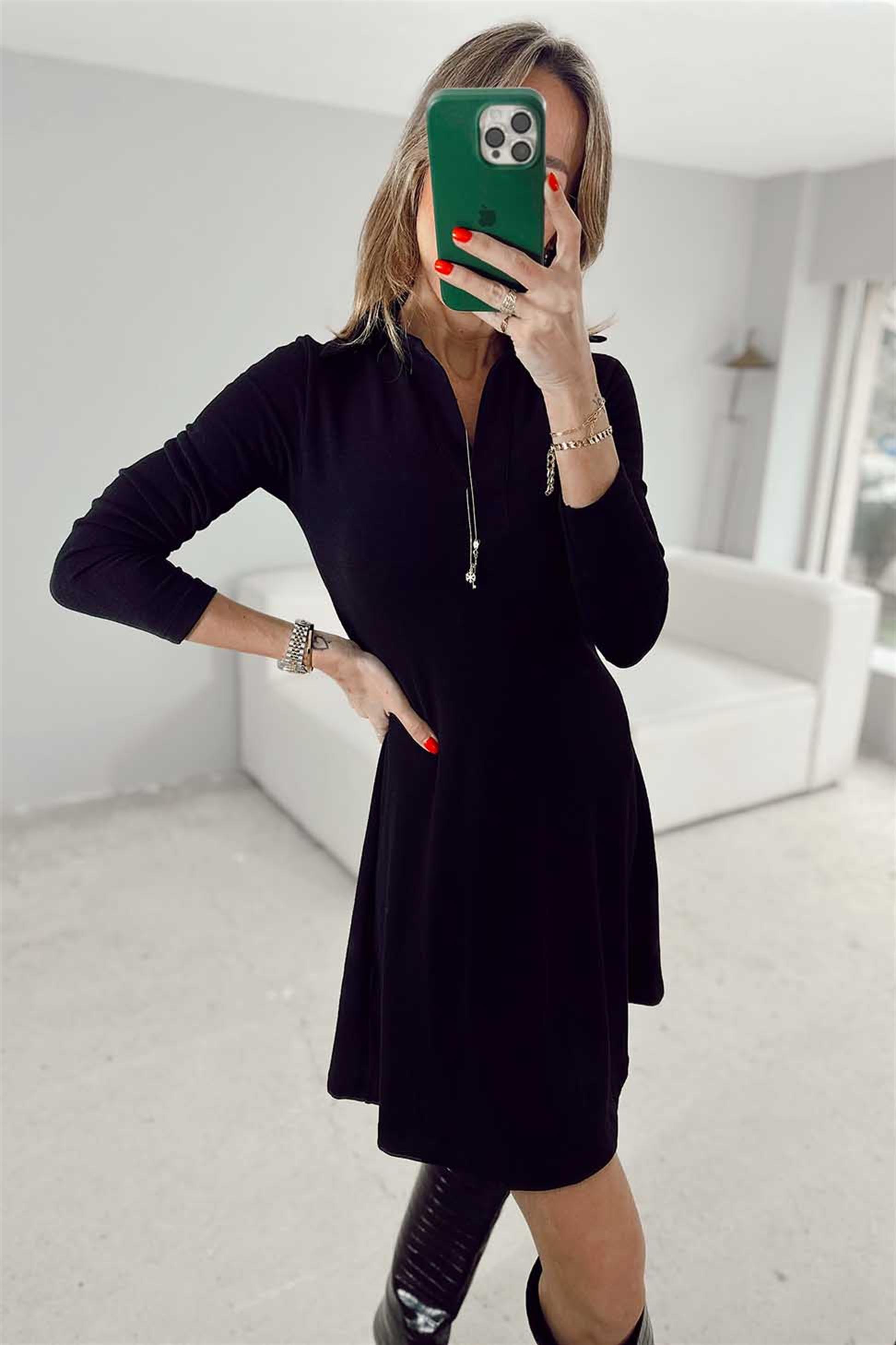 Polo Yaka Likralı Mini Elbise Siyah