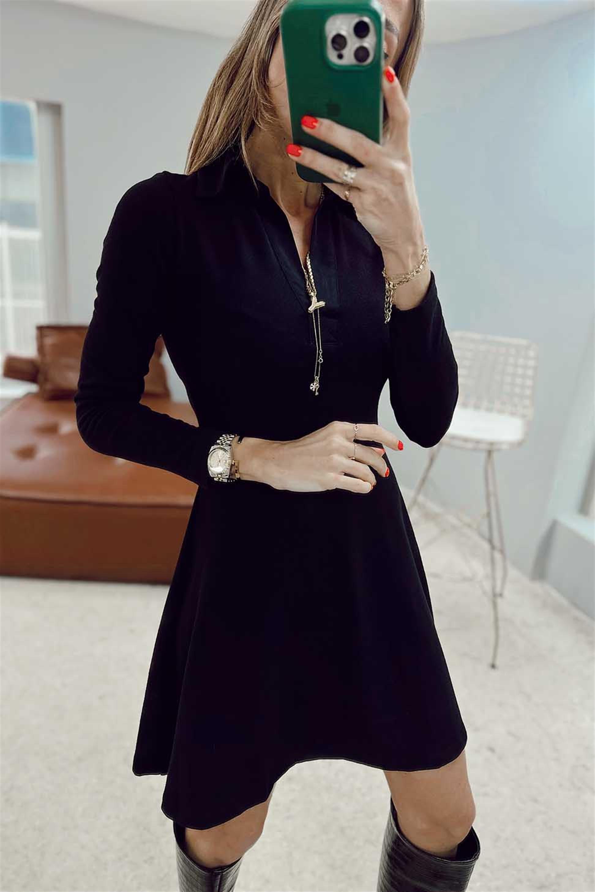 Polo Yaka Likralı Mini Elbise Siyah