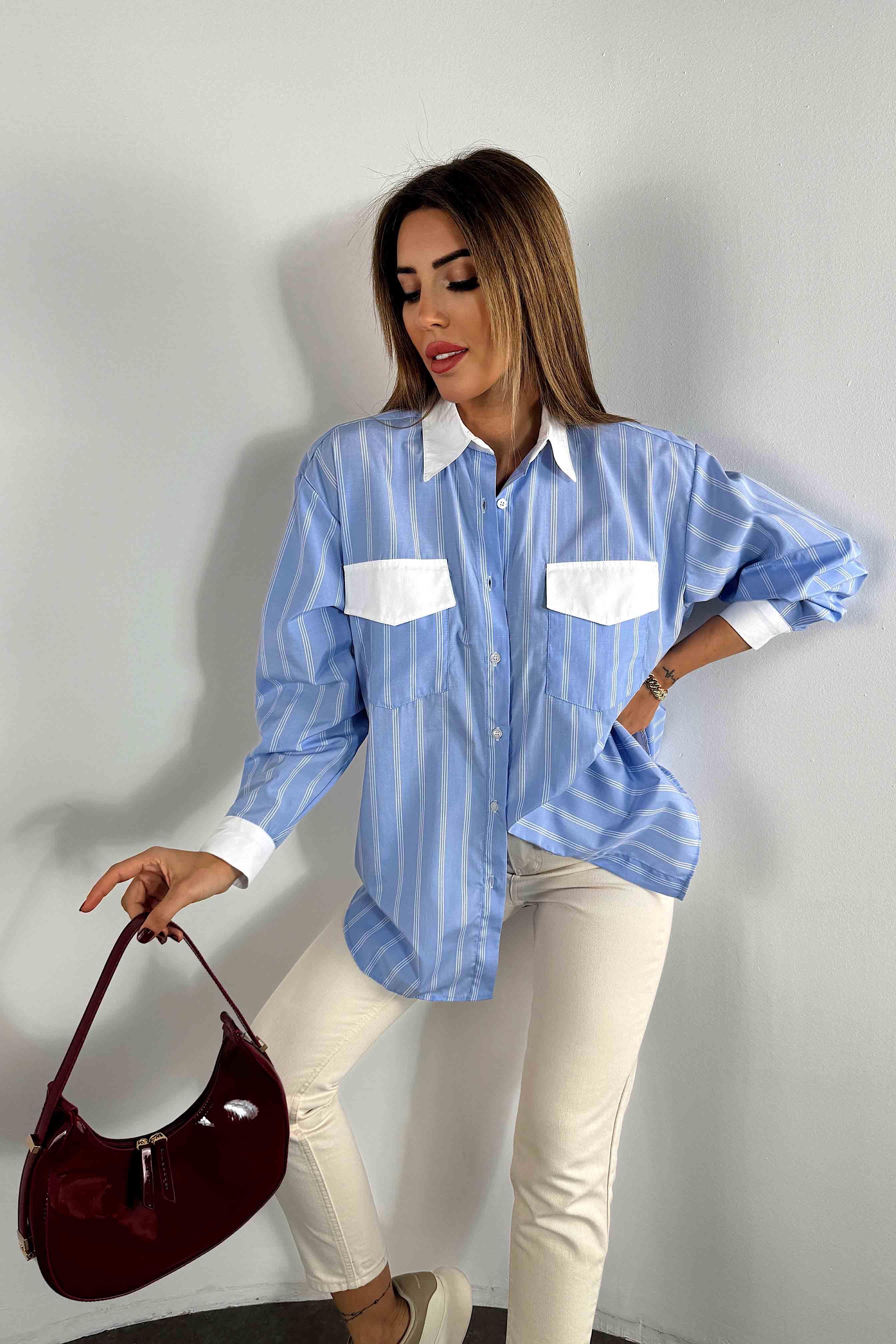 Poplin Kumaş Cep Detaylı Kadın Gömlek Bebe Mavisi