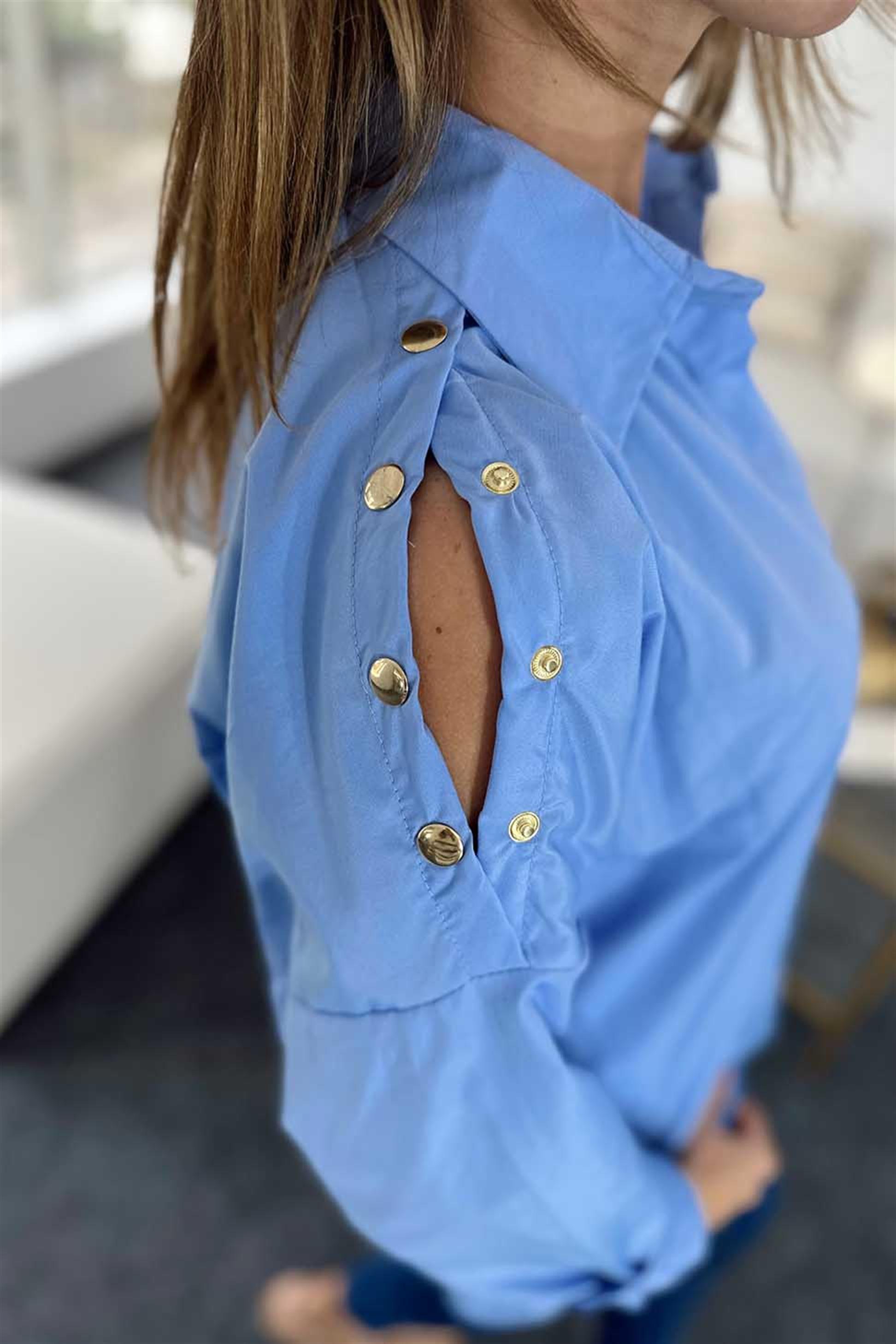 Poplin Kumaş Çıtçıt Detay Patlı Kadın Gömlek Mavi