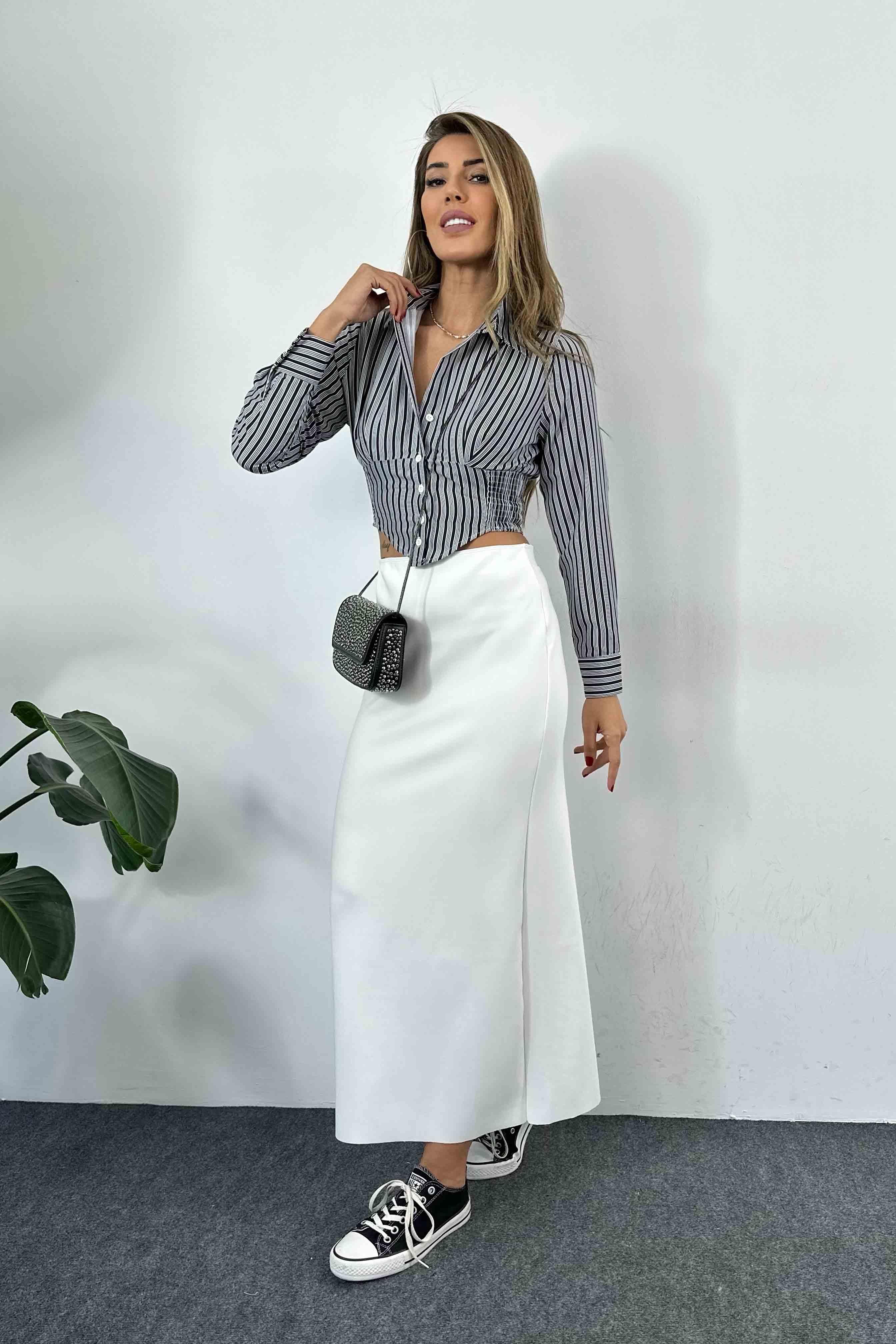 Poplin Kumaş Çizgili Crop Gömlek Siyah