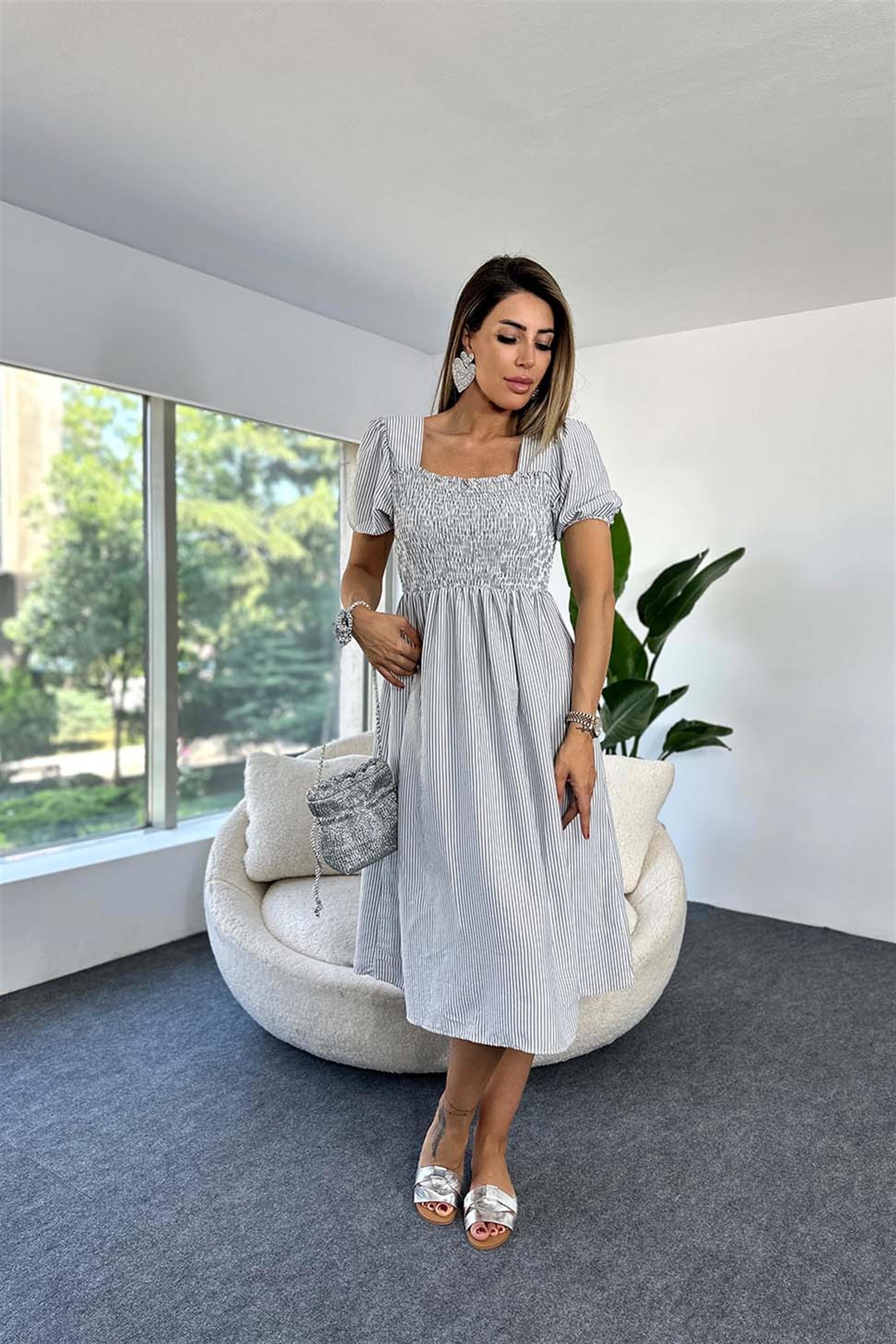 Poplin Kumaş Çizgili Prenses Kol Gipeli Midi Elbise Gri