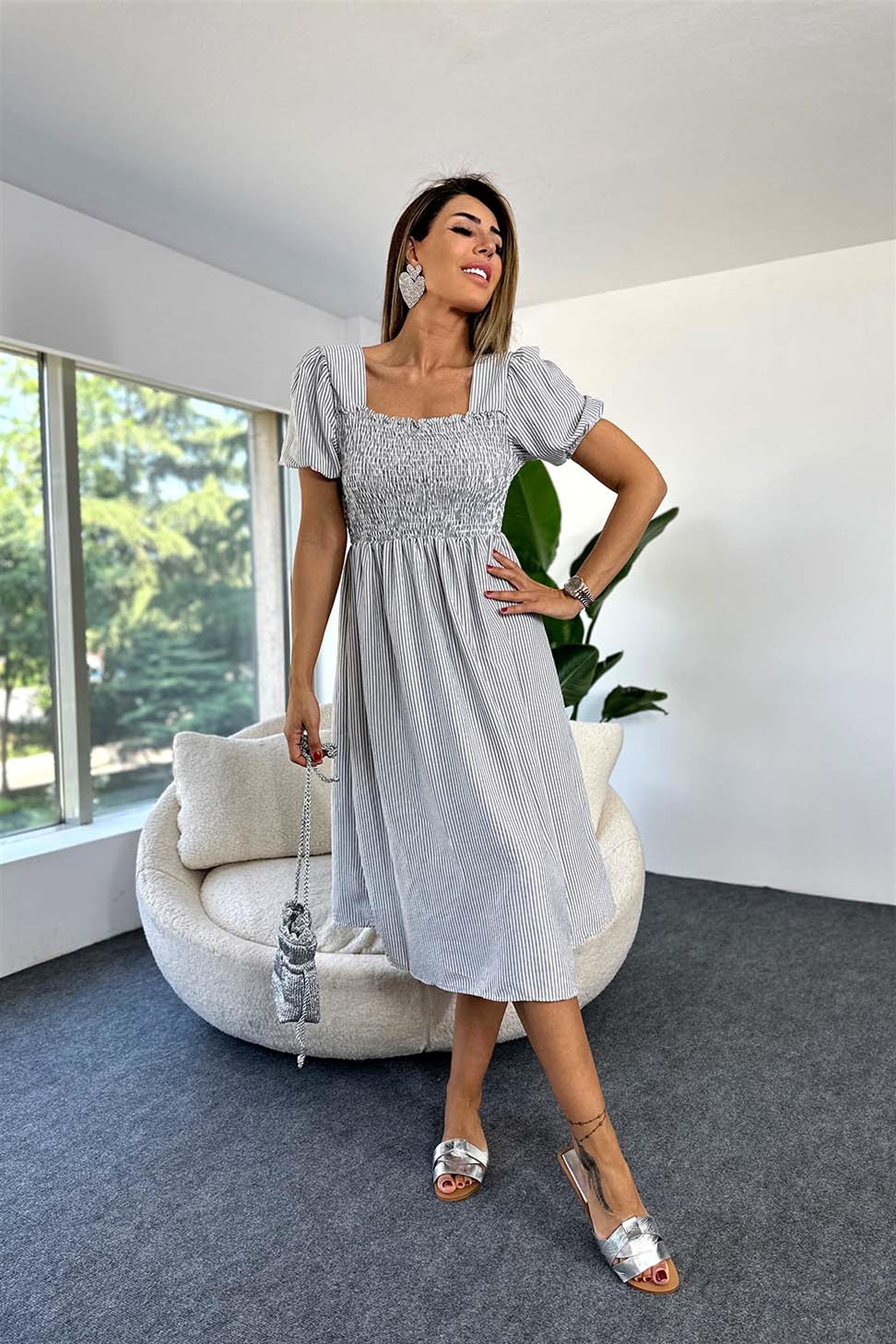 Poplin Kumaş Çizgili Prenses Kol Gipeli Midi Elbise Gri