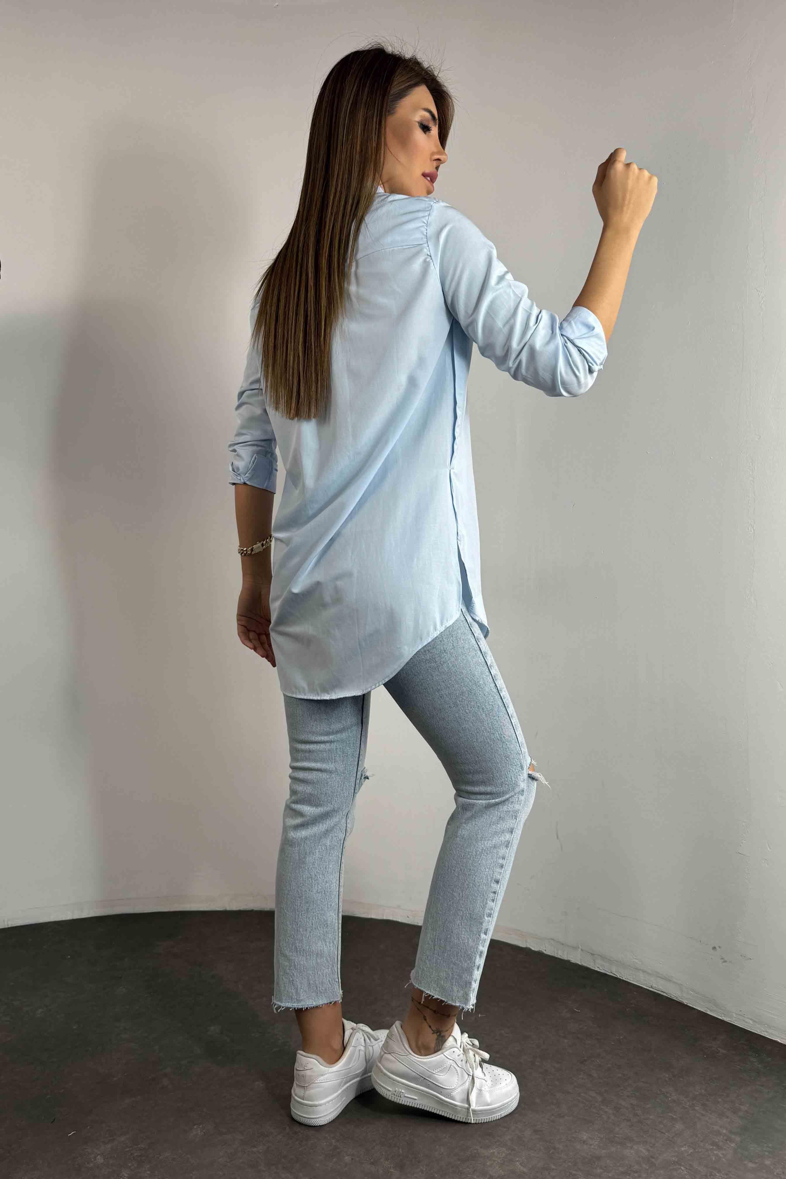Poplin Kumaş Yırtmaçlı Kadın Gömlek Bebe Mavisi