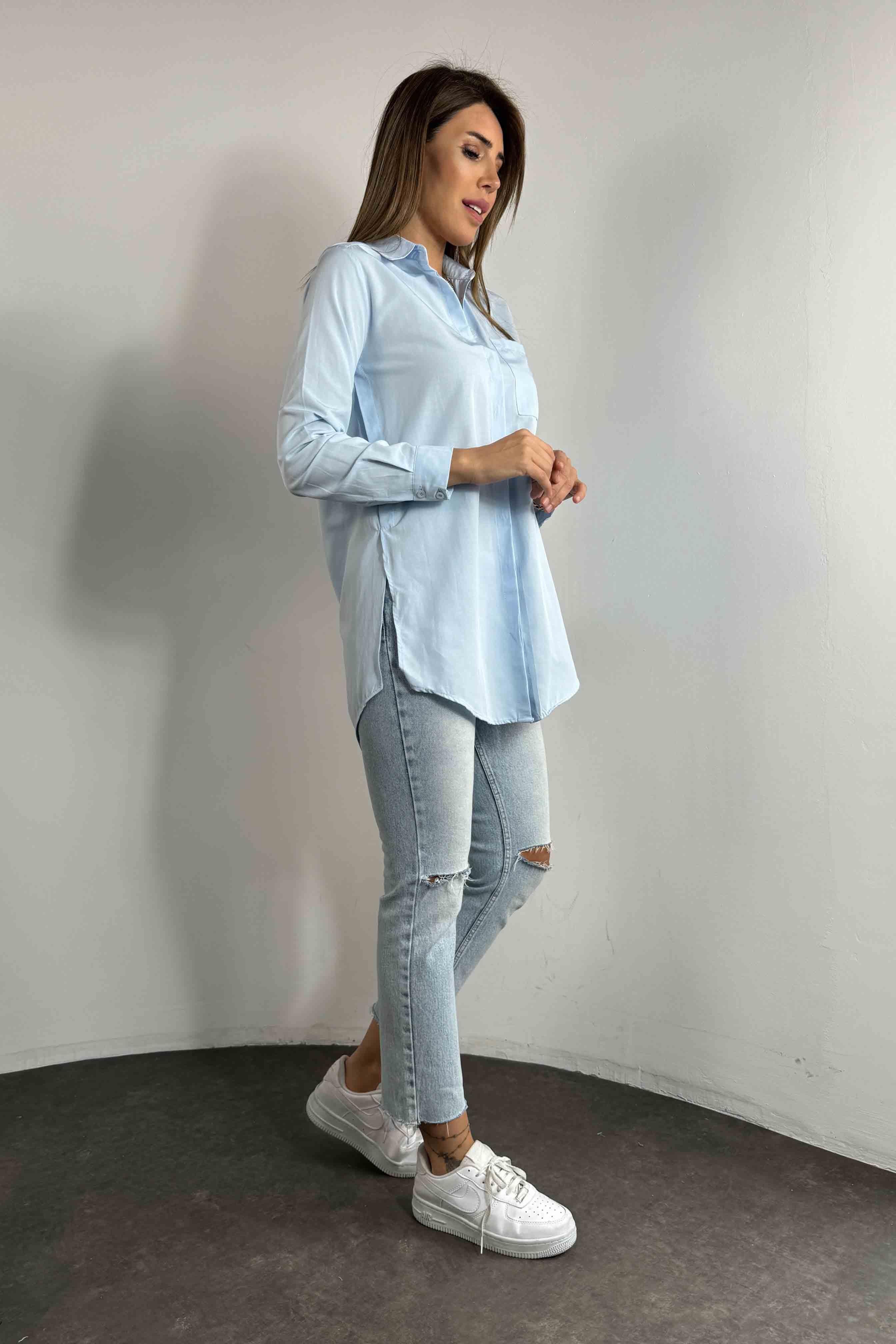 Poplin Kumaş Yırtmaçlı Kadın Gömlek Bebe Mavisi