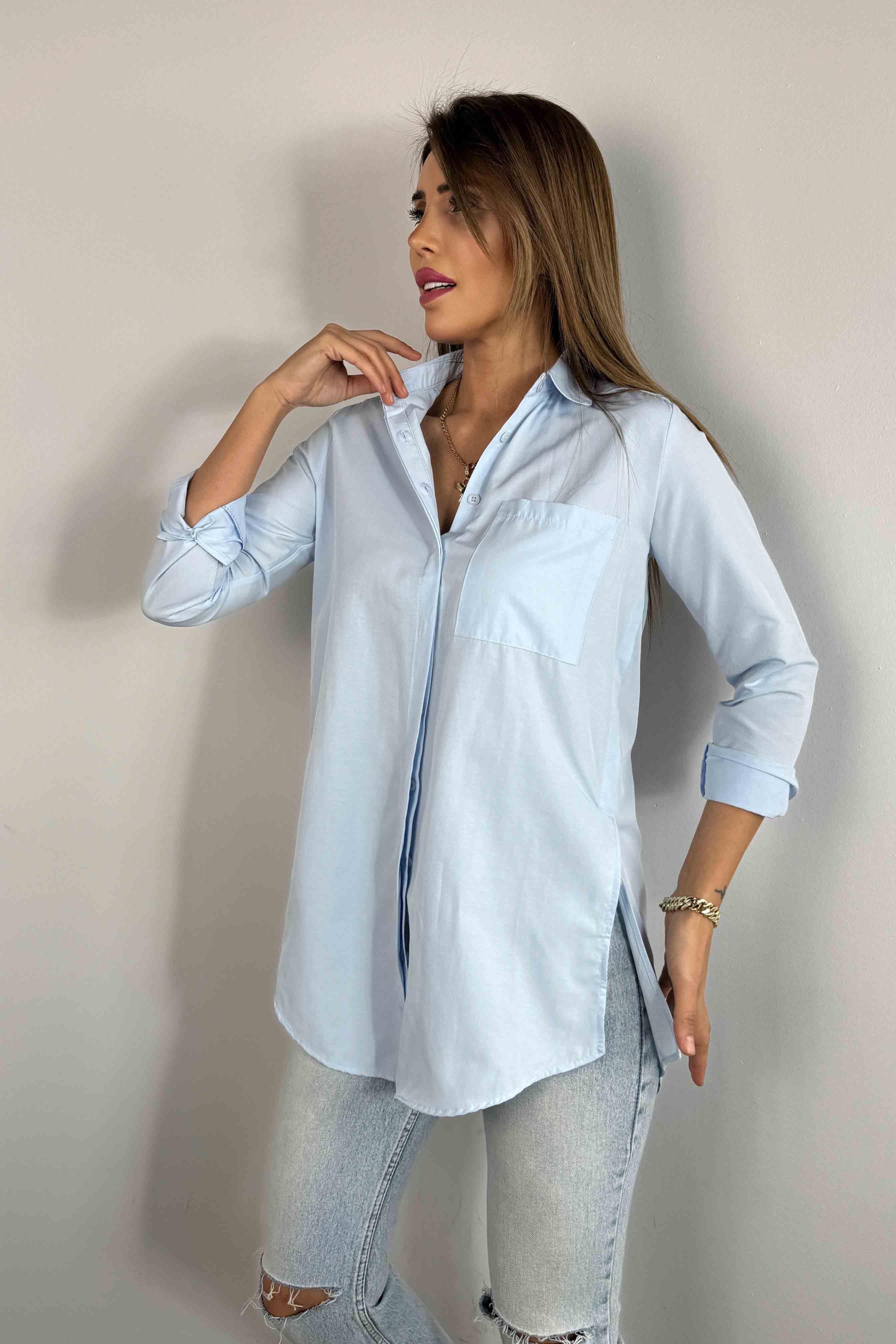 Poplin Kumaş Yırtmaçlı Kadın Gömlek Bebe Mavisi
