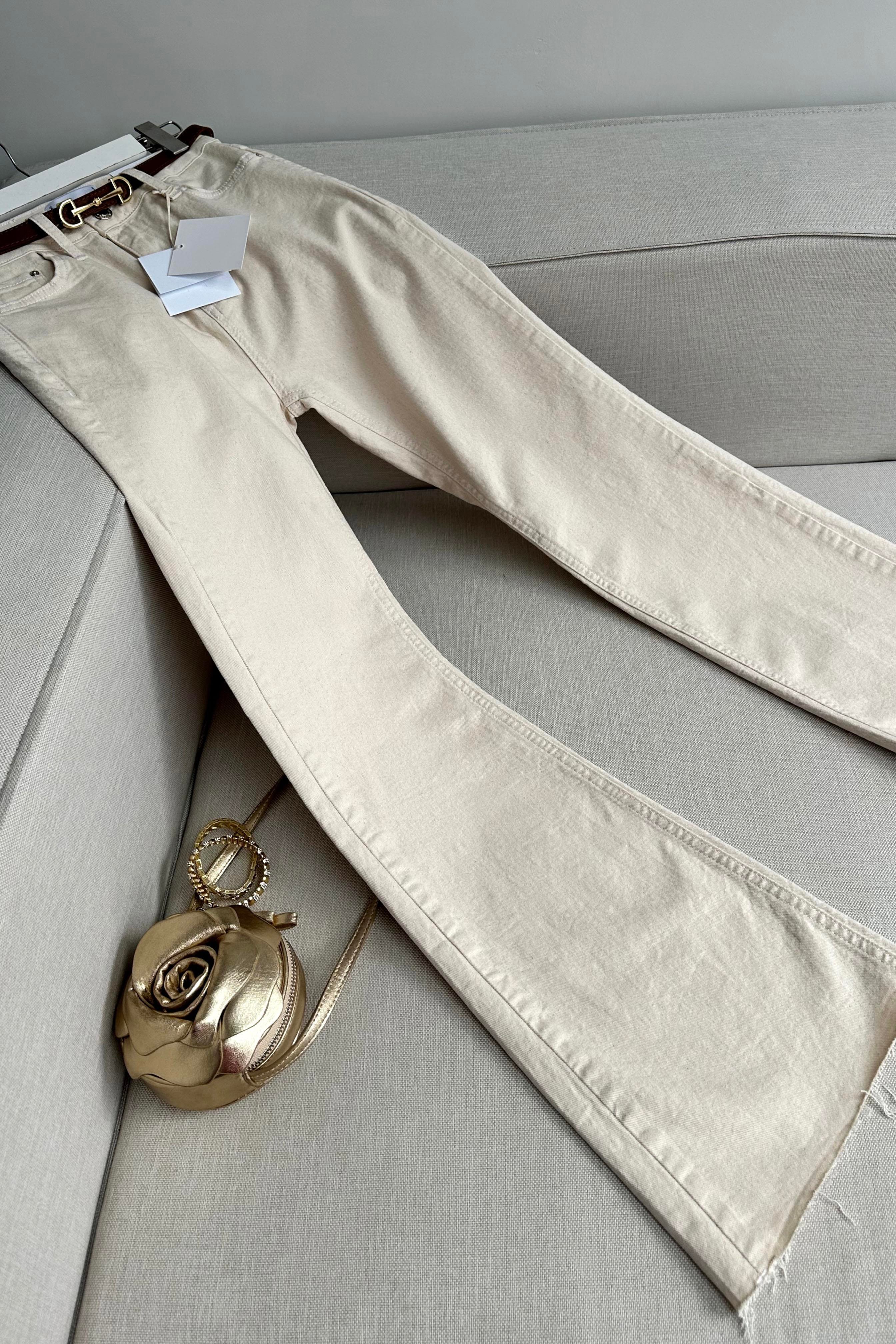 Premium Dokulu Yüksek Bel Yarı İspnayol Jean Pantolon Bej