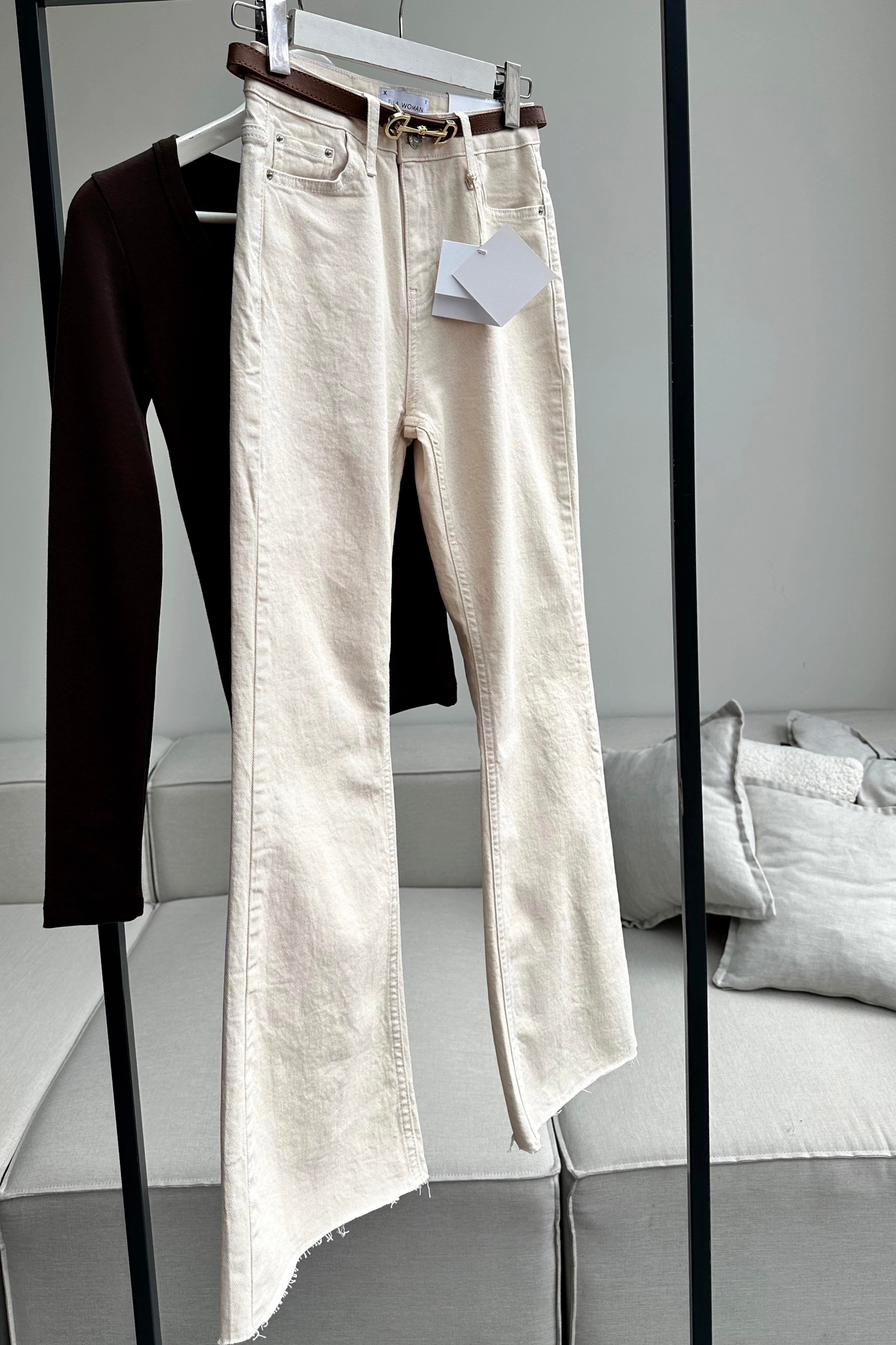 Premium Dokulu Yüksek Bel Yarı İspnayol Jean Pantolon Bej
