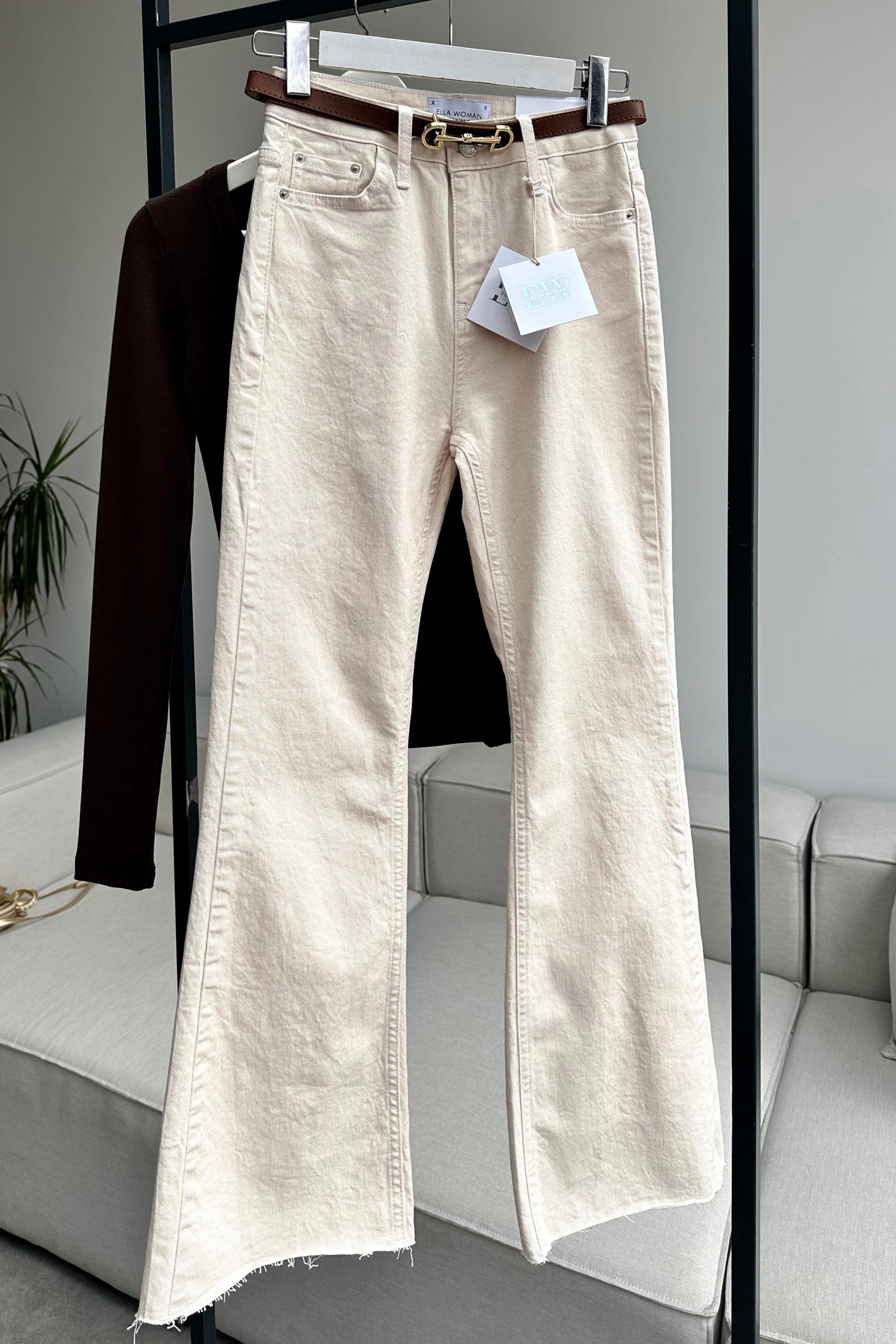 Premium Dokulu Yüksek Bel Yarı İspnayol Jean Pantolon Bej