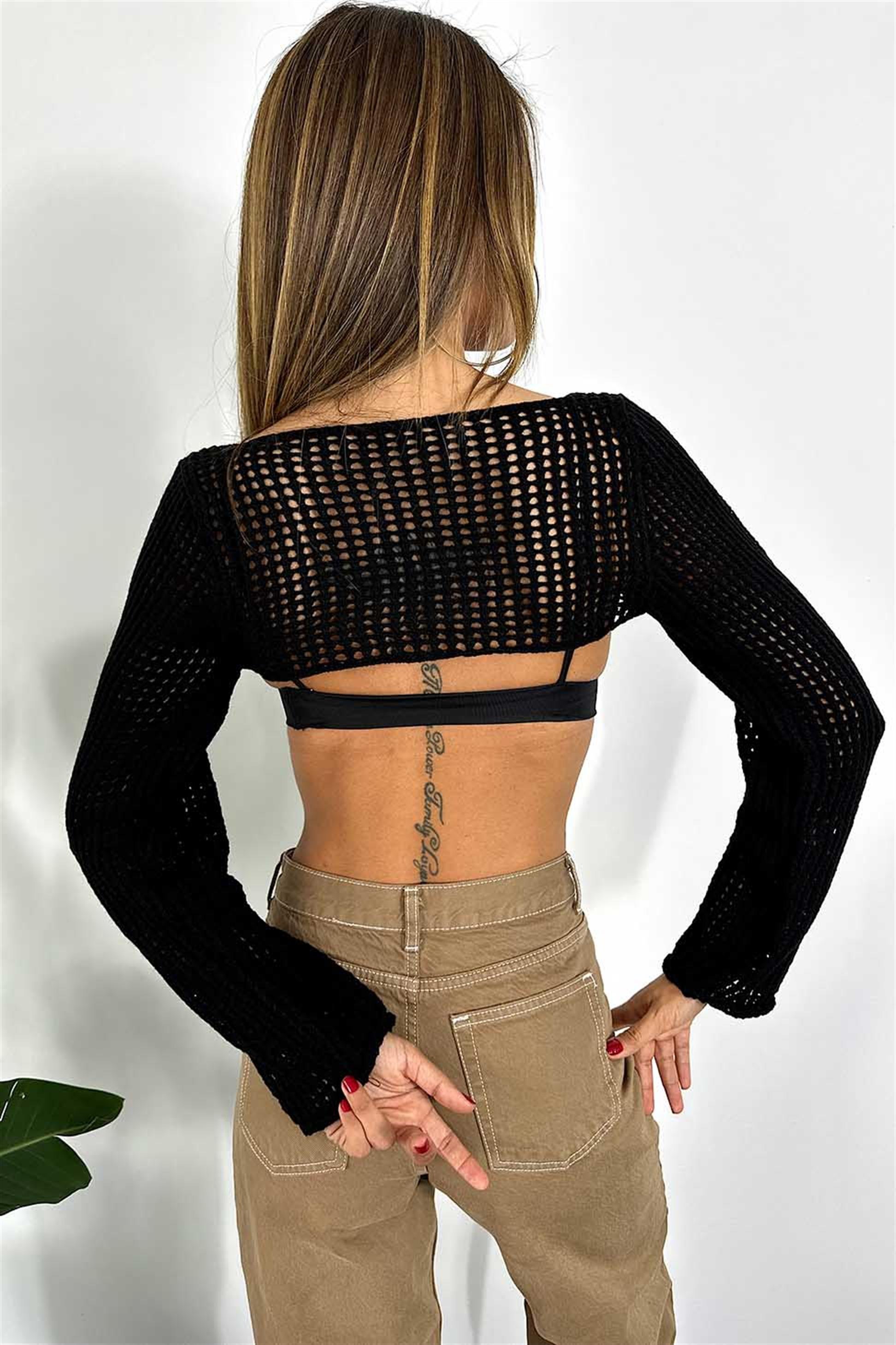 Premium Kalite Ajurlu Örme Kriko Crop Siyah