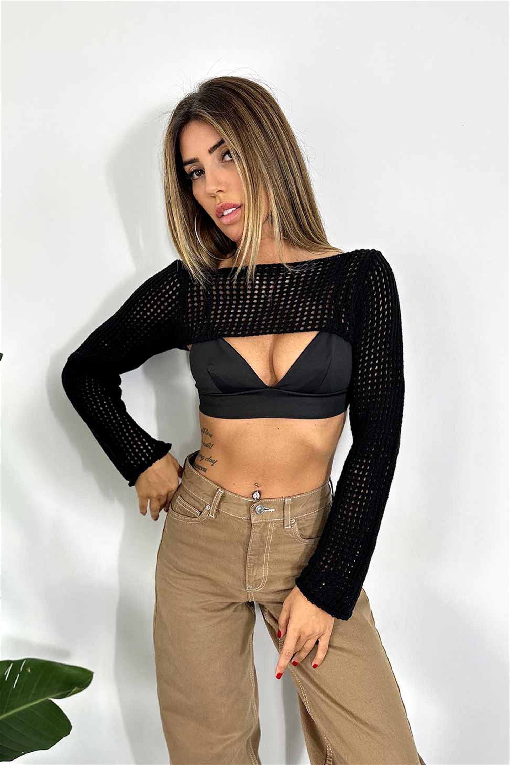 Premium Kalite Ajurlu Örme Kriko Crop Siyah