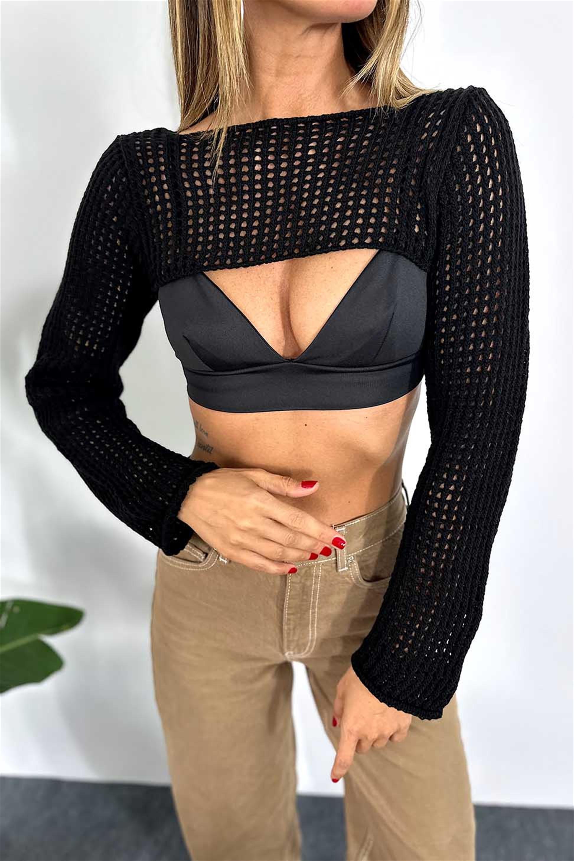 Premium Kalite Ajurlu Örme Kriko Crop Siyah