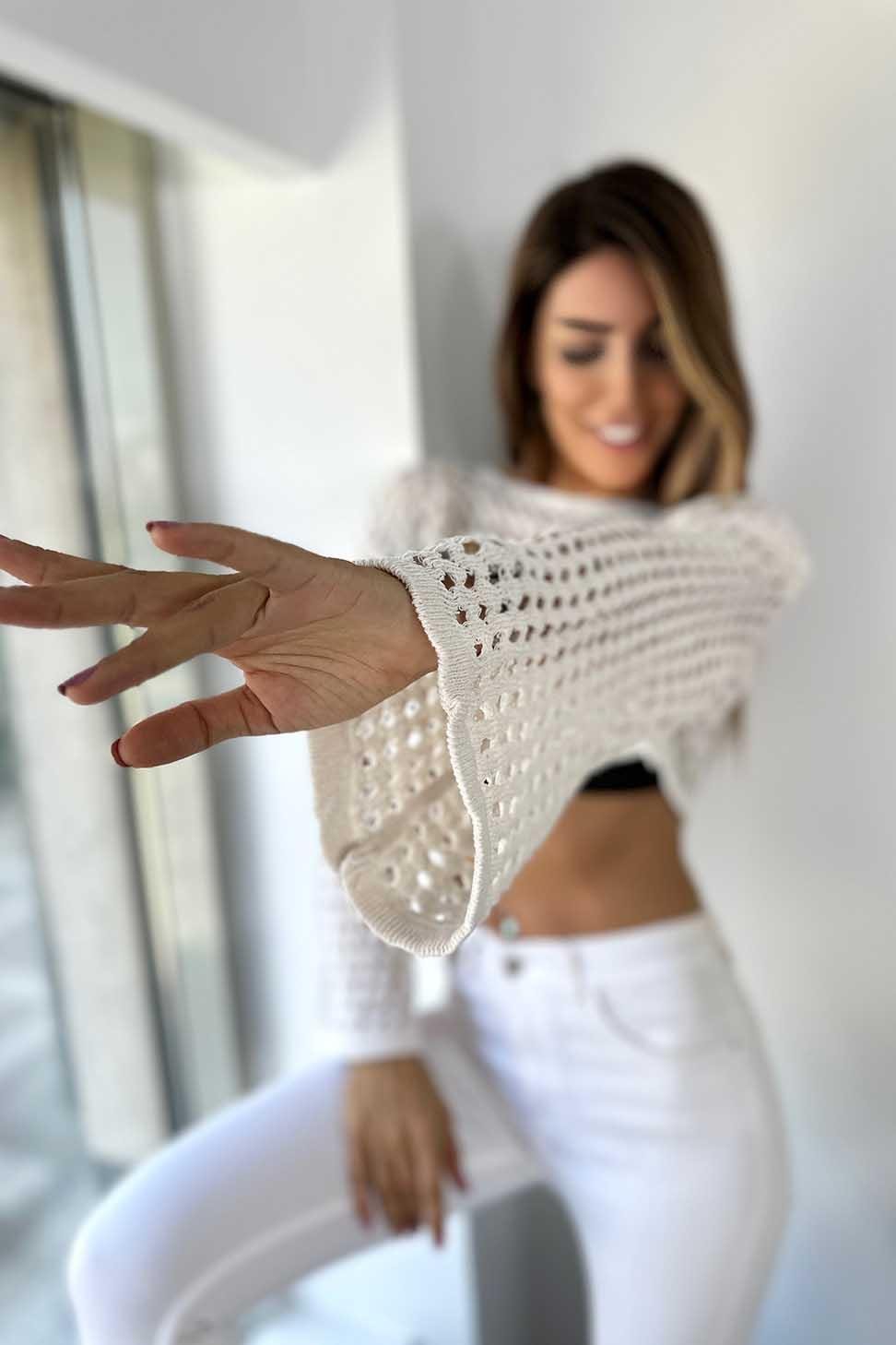 Premium Kalite Ajurlu Oversize Örme Kriko Crop Ekru