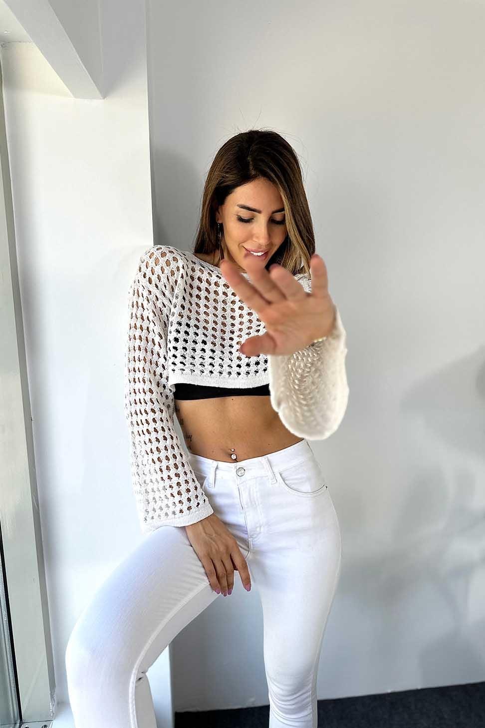 Premium Kalite Ajurlu Oversize Örme Kriko Crop Ekru