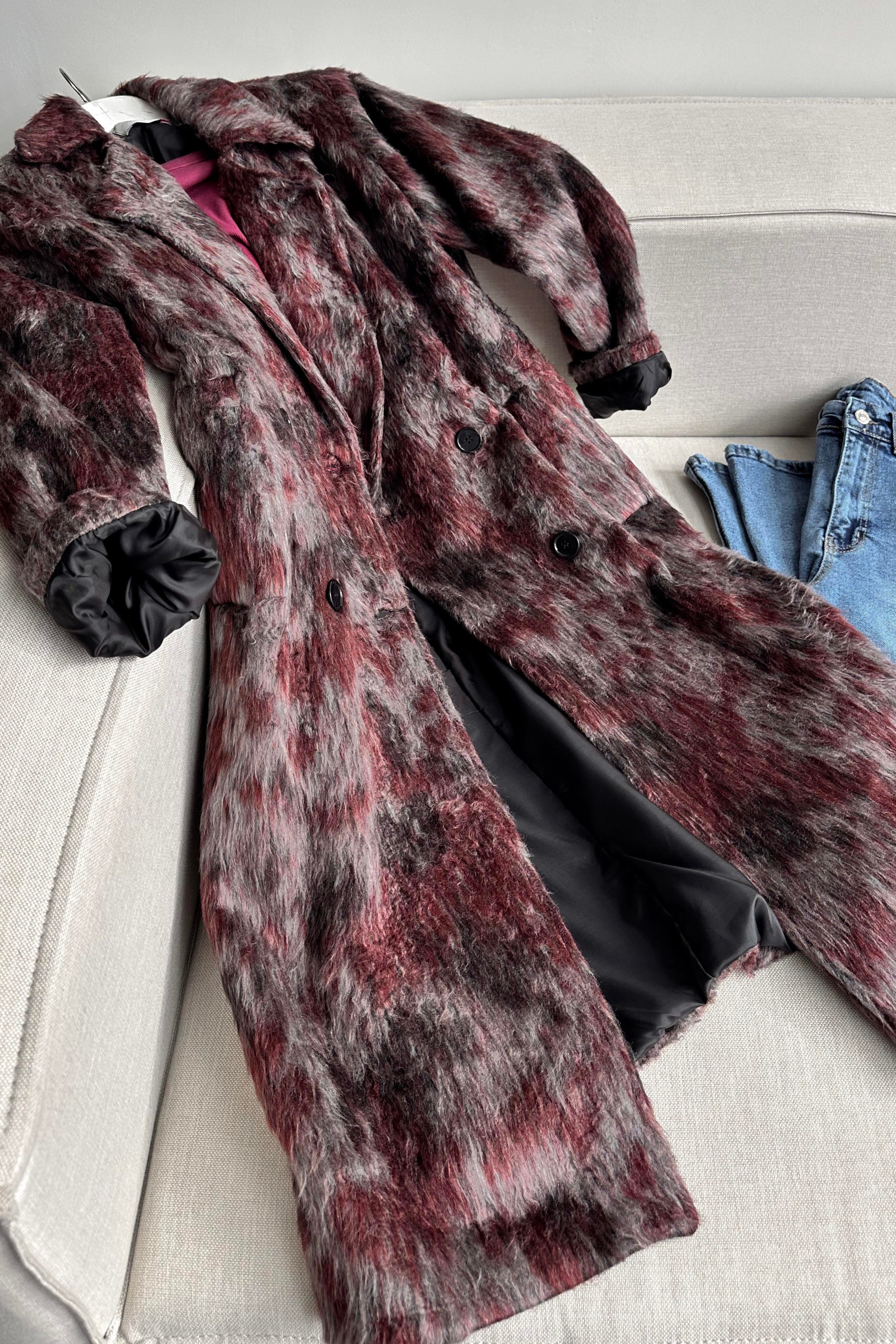 Premium Kalite Alaca Desenli Saten Astarlı Kaban Bordo