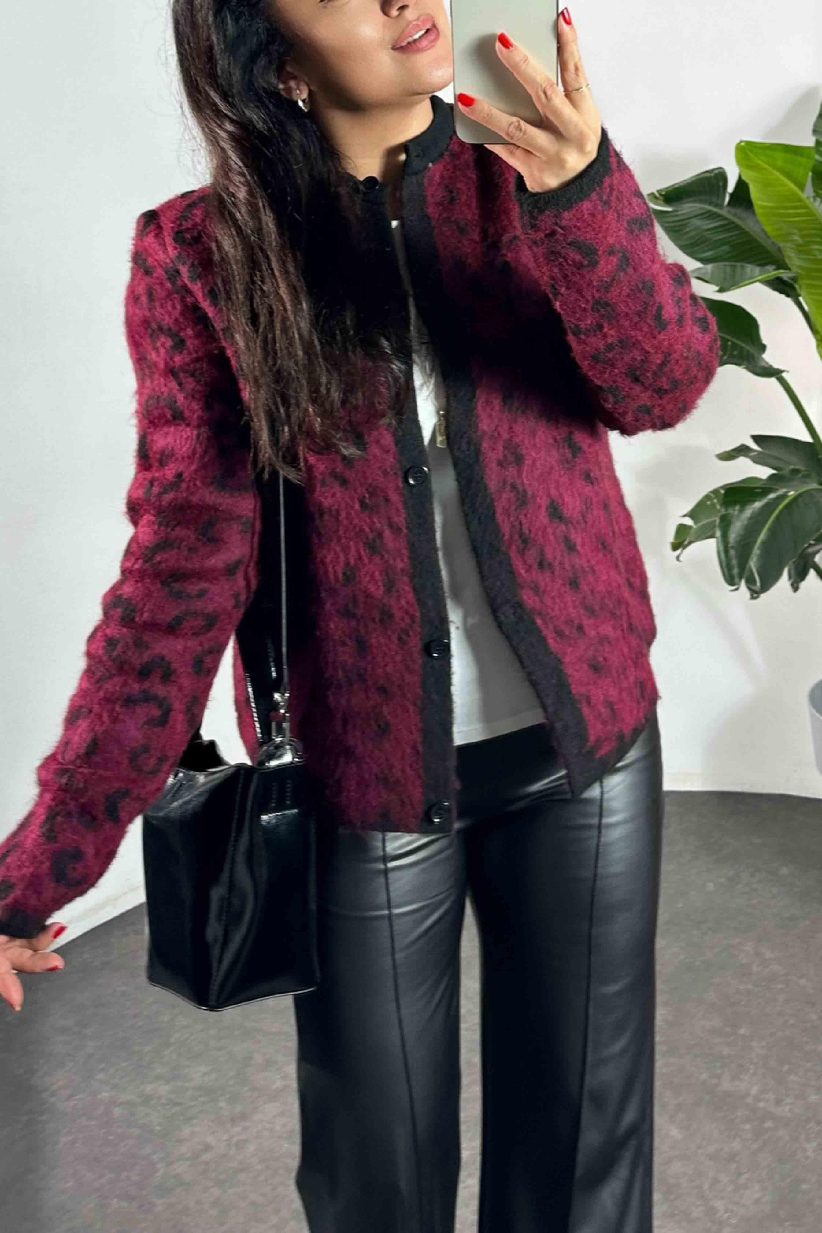 Premium Kalite Angora Yünlü Leopar Desen Kadın Kazak Bordo