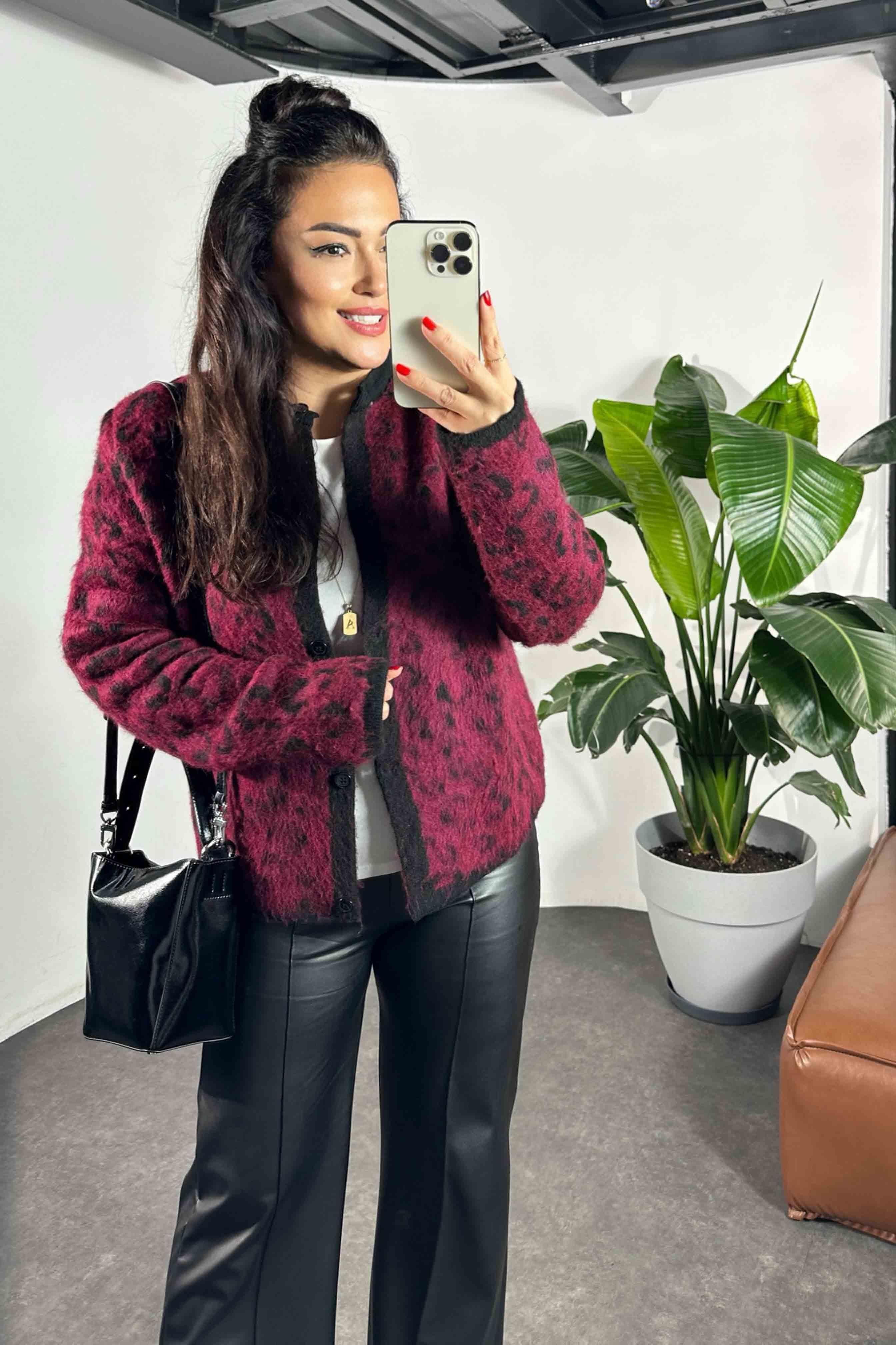 Premium Kalite Angora Yünlü Leopar Desen Kadın Kazak Bordo