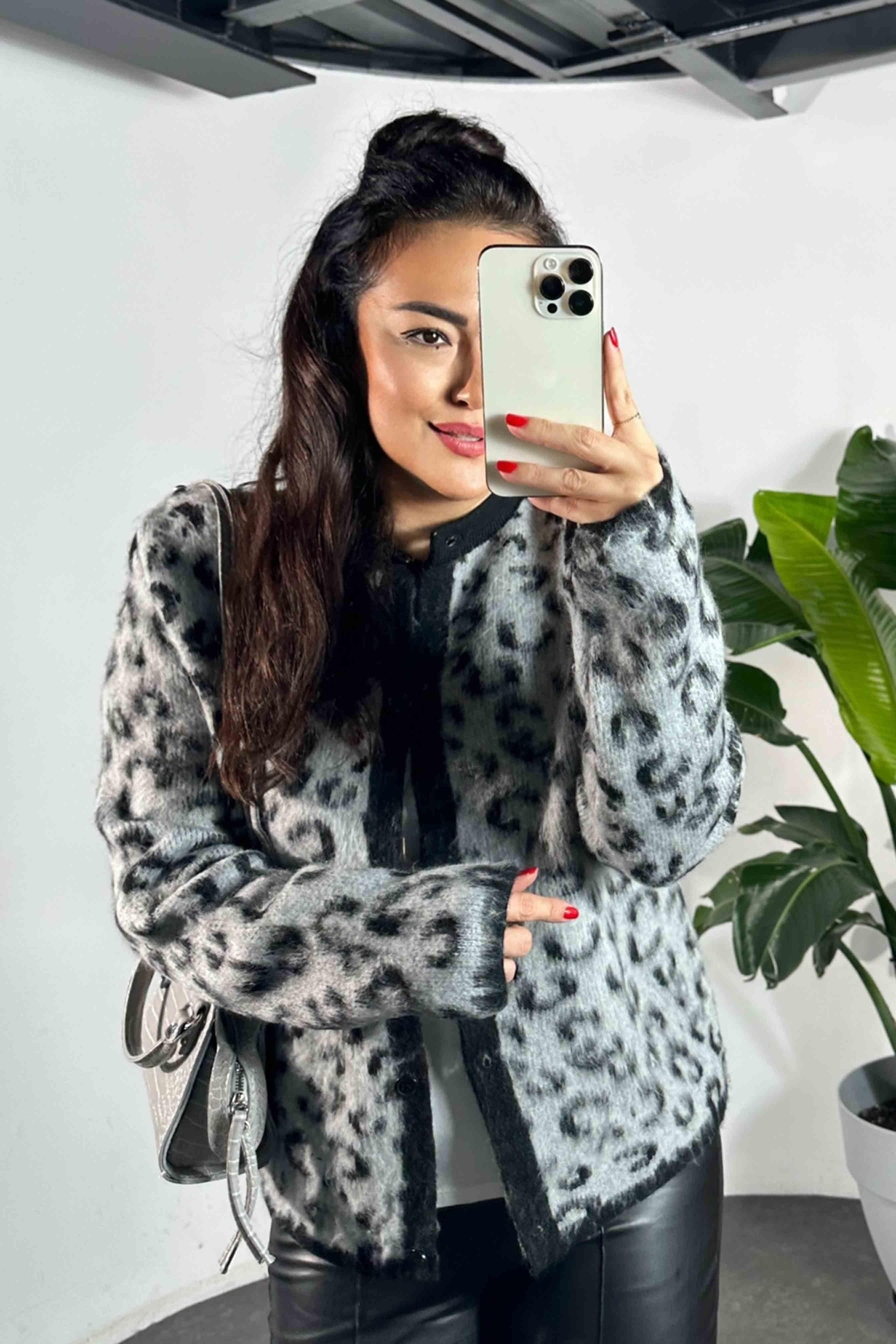 Premium Kalite Angora Yünlü Leopar Desen Kadın Kazak Gri