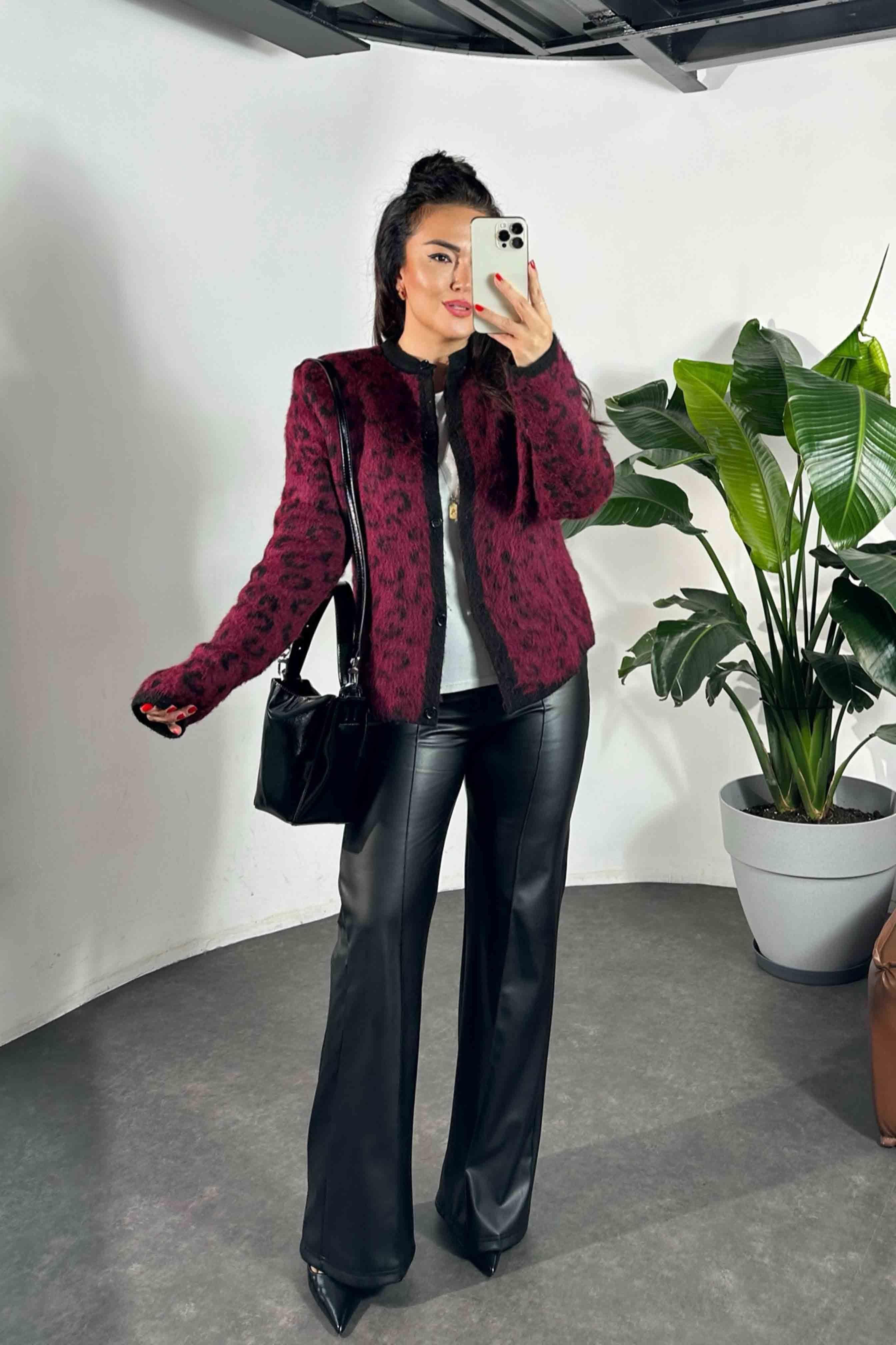 Premium Kalite Angora Yünlü Leopar Desen Kadın Kazak Bordo
