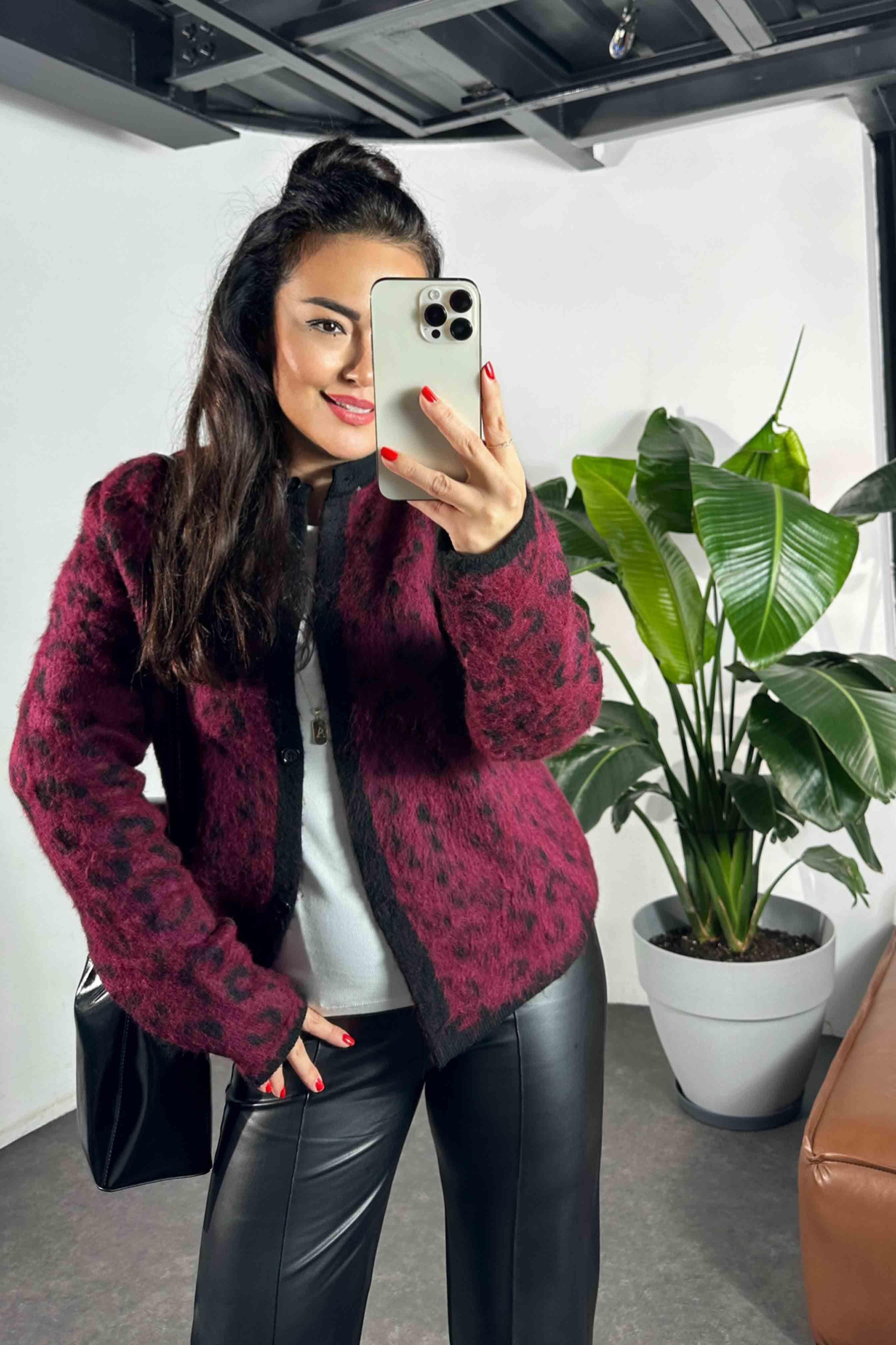 Premium Kalite Angora Yünlü Leopar Desen Kadın Kazak Bordo