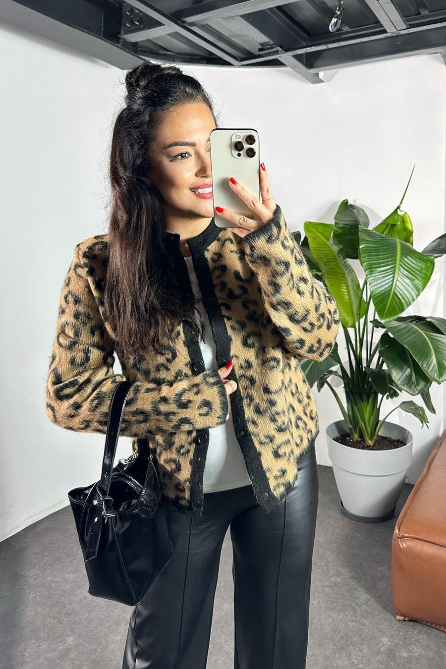 Premium Kalite Angora Yünlü Leopar Desen Kadın Kazak Sütlü Kahve