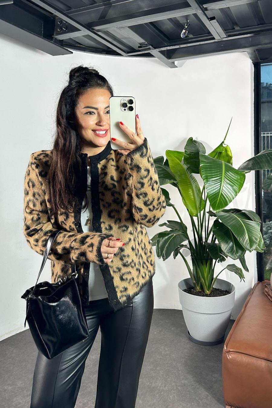 Premium Kalite Angora Yünlü Leopar Desen Kadın Kazak Sütlü Kahve