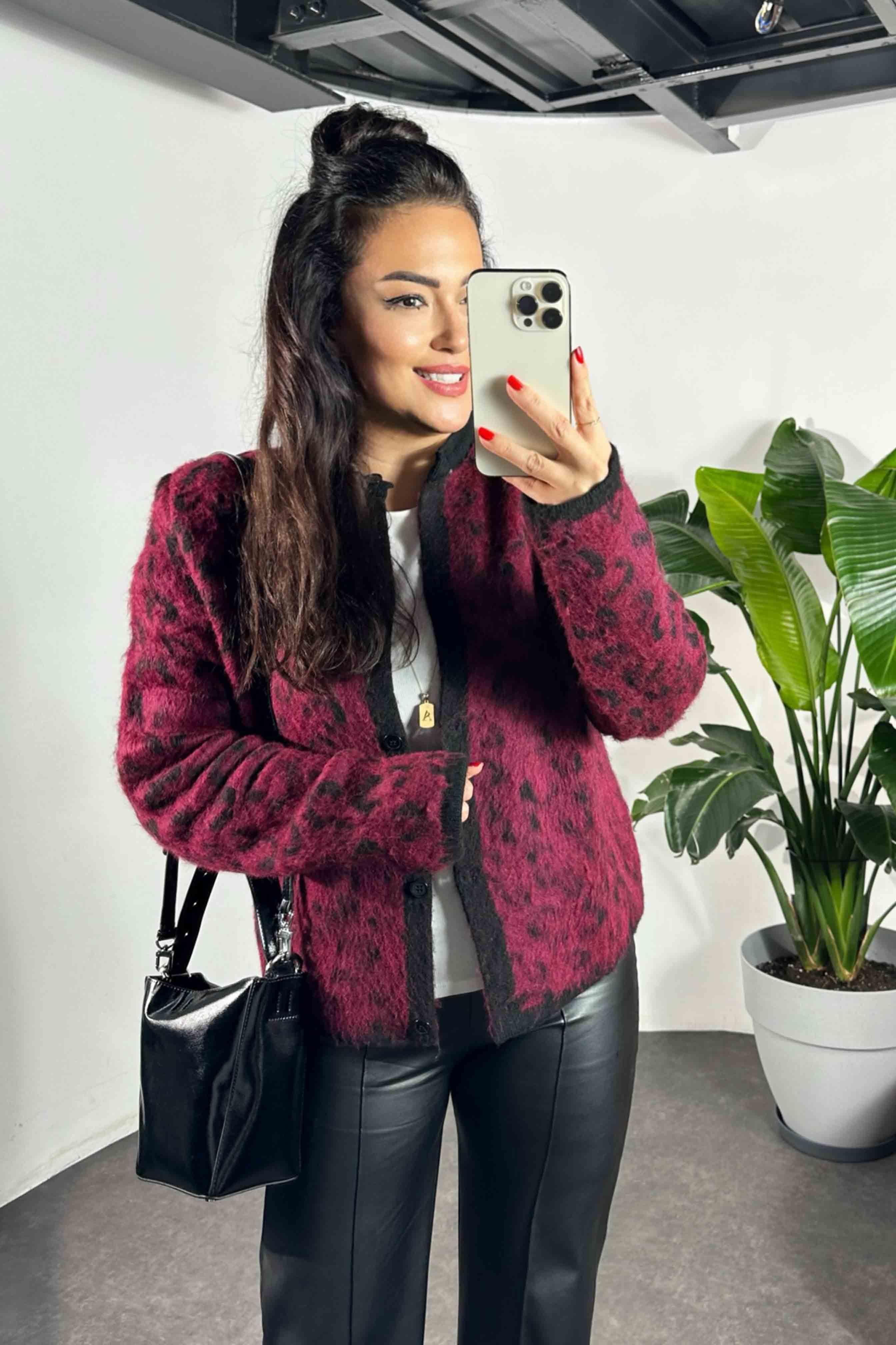 Premium Kalite Angora Yünlü Leopar Desen Kadın Kazak Bordo