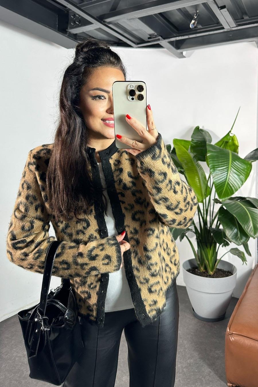 Premium Kalite Angora Yünlü Leopar Desen Kadın Kazak Sütlü Kahve