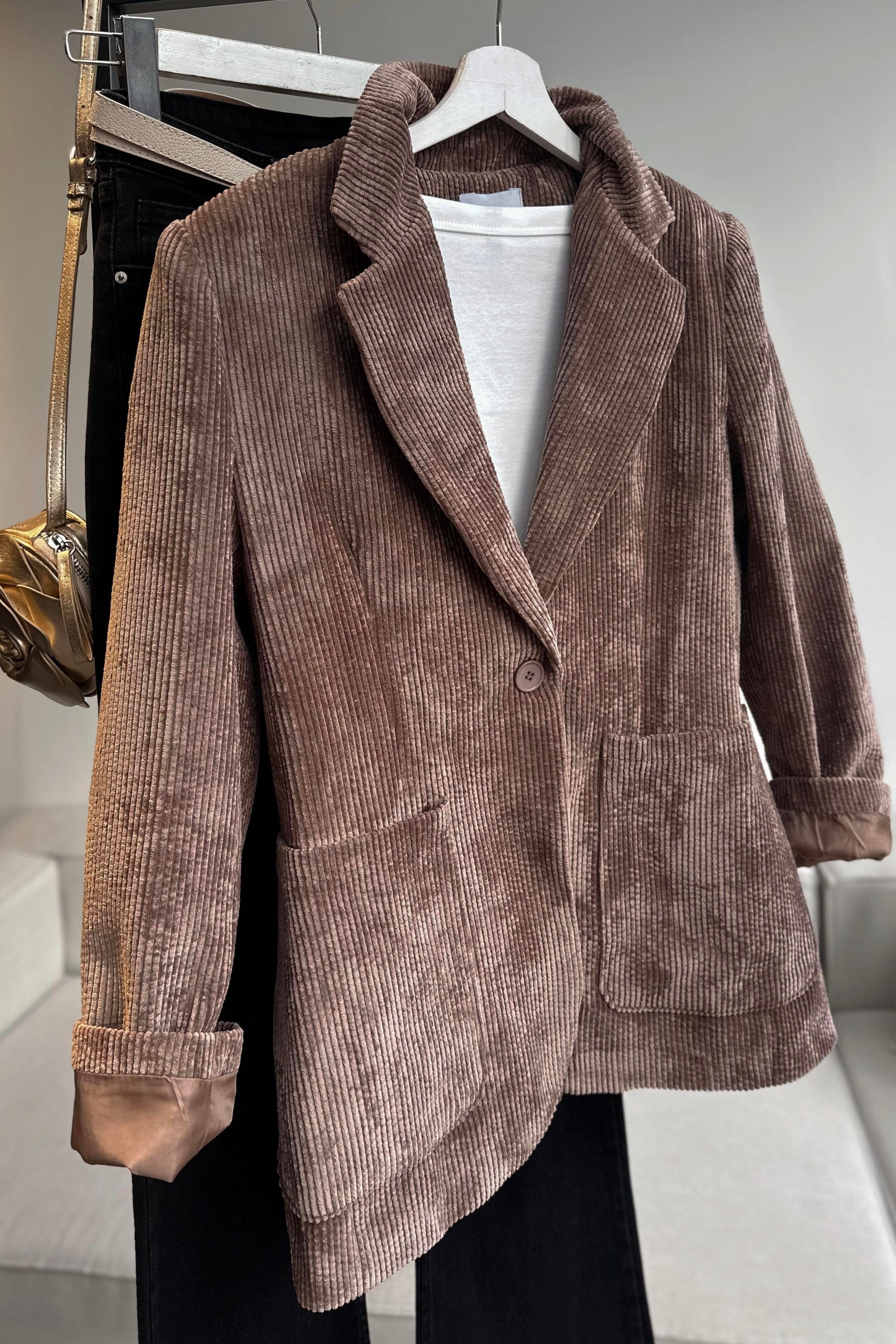 Premium Kalite Astarlı Kadife Blazer Ceket Vizon