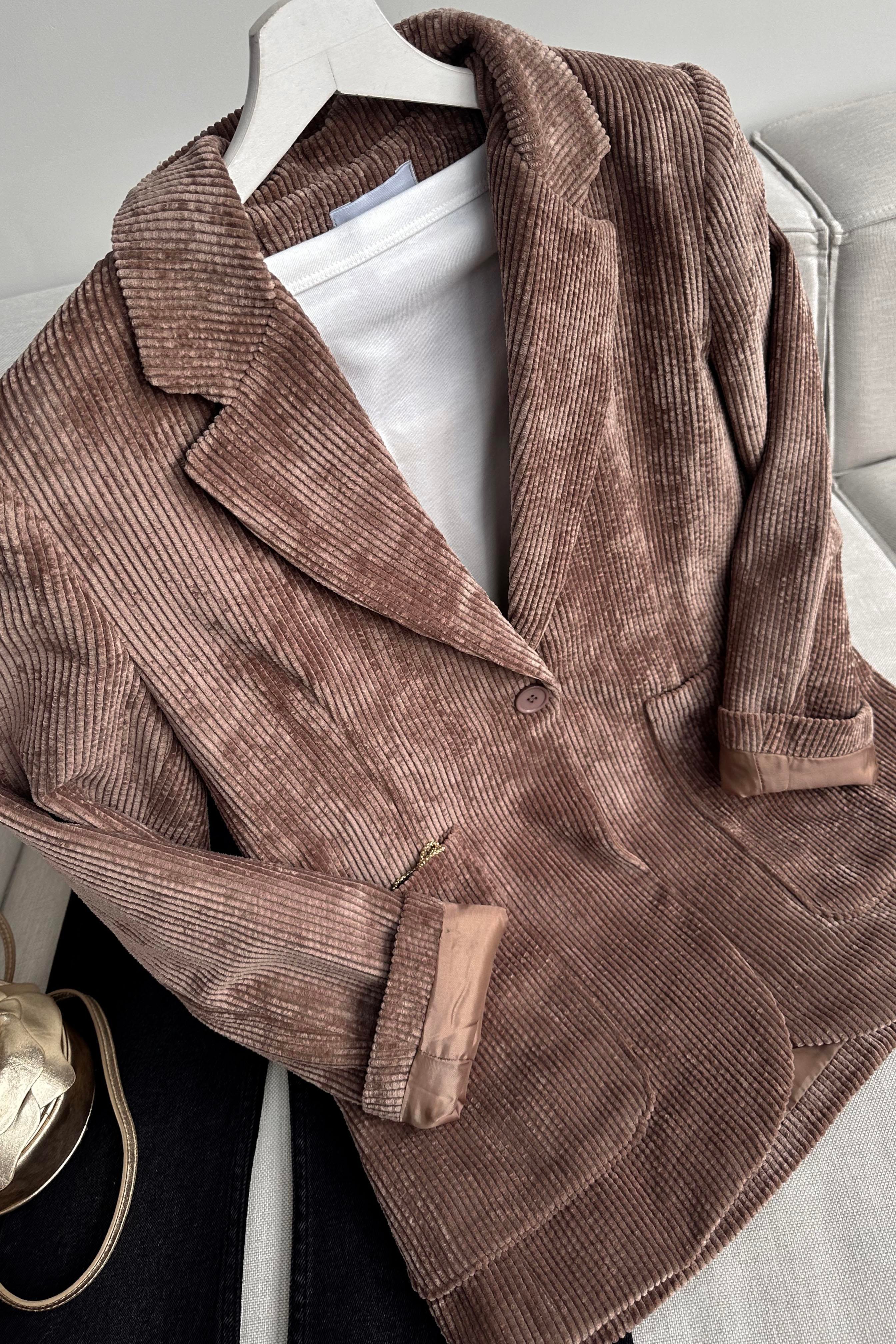 Premium Kalite Astarlı Kadife Blazer Ceket Vizon