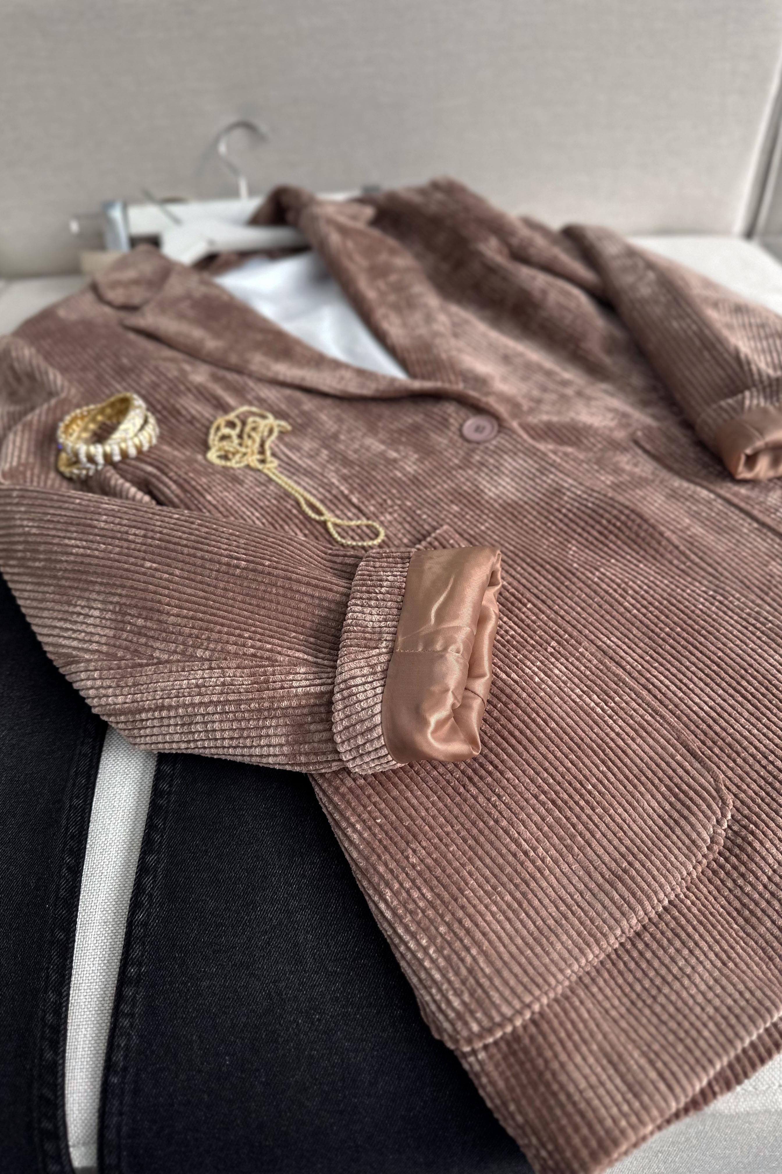 Premium Kalite Astarlı Kadife Blazer Ceket Vizon