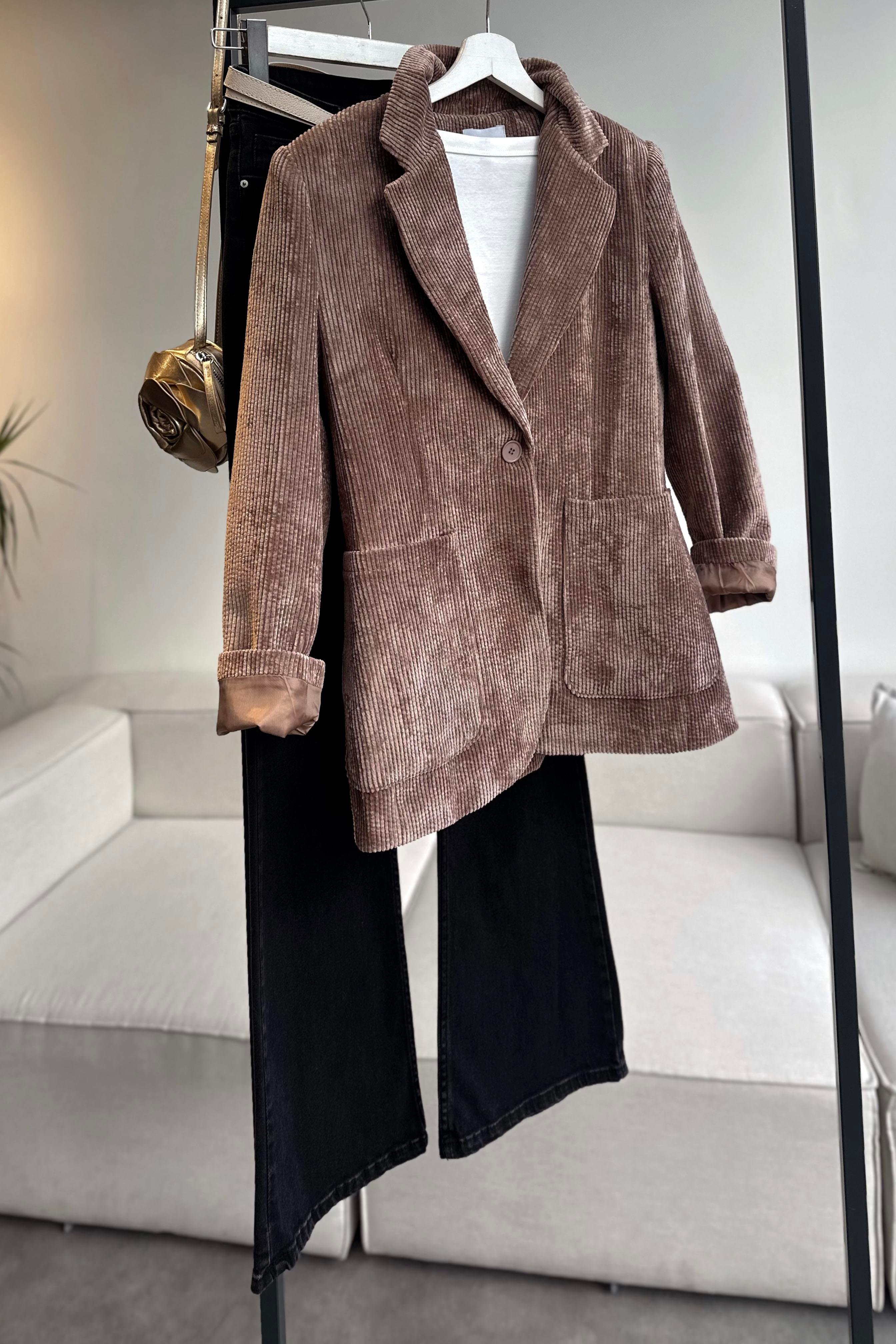 Premium Kalite Astarlı Kadife Blazer Ceket Vizon