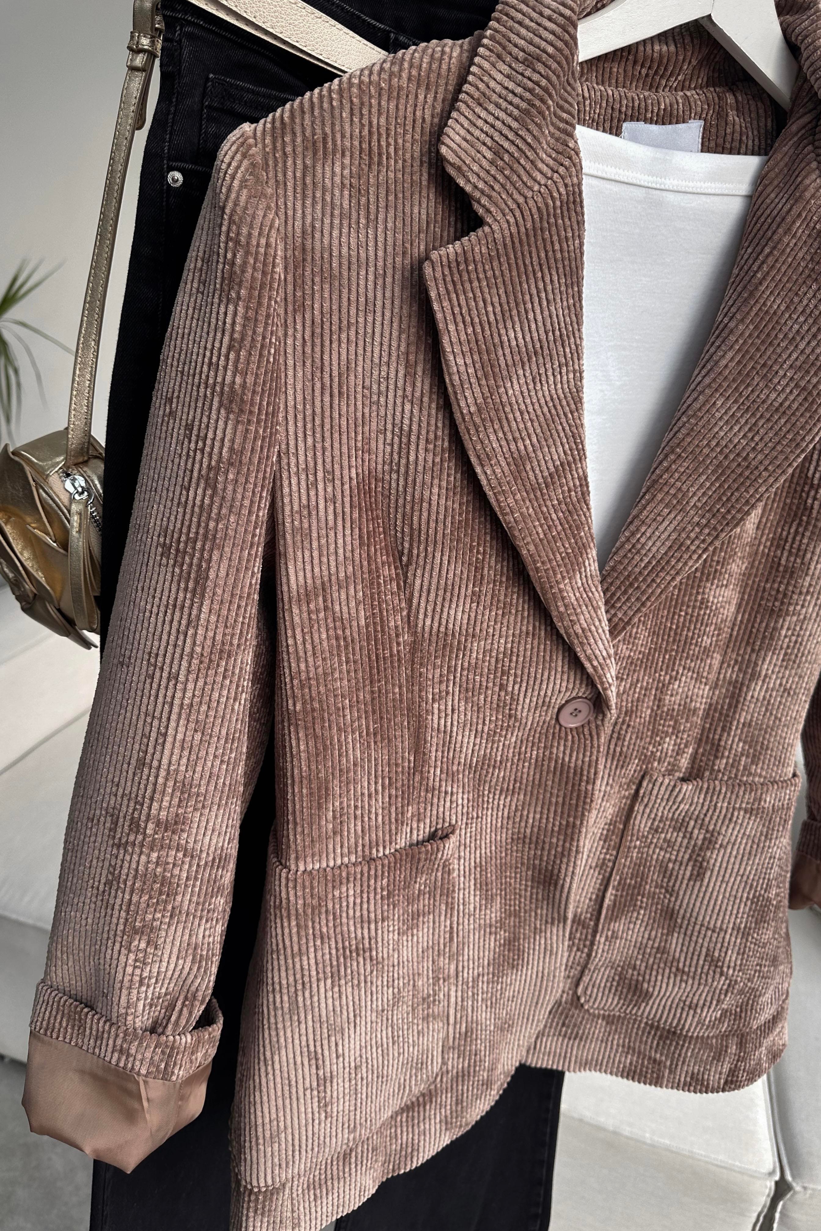 Premium Kalite Astarlı Kadife Blazer Ceket Vizon