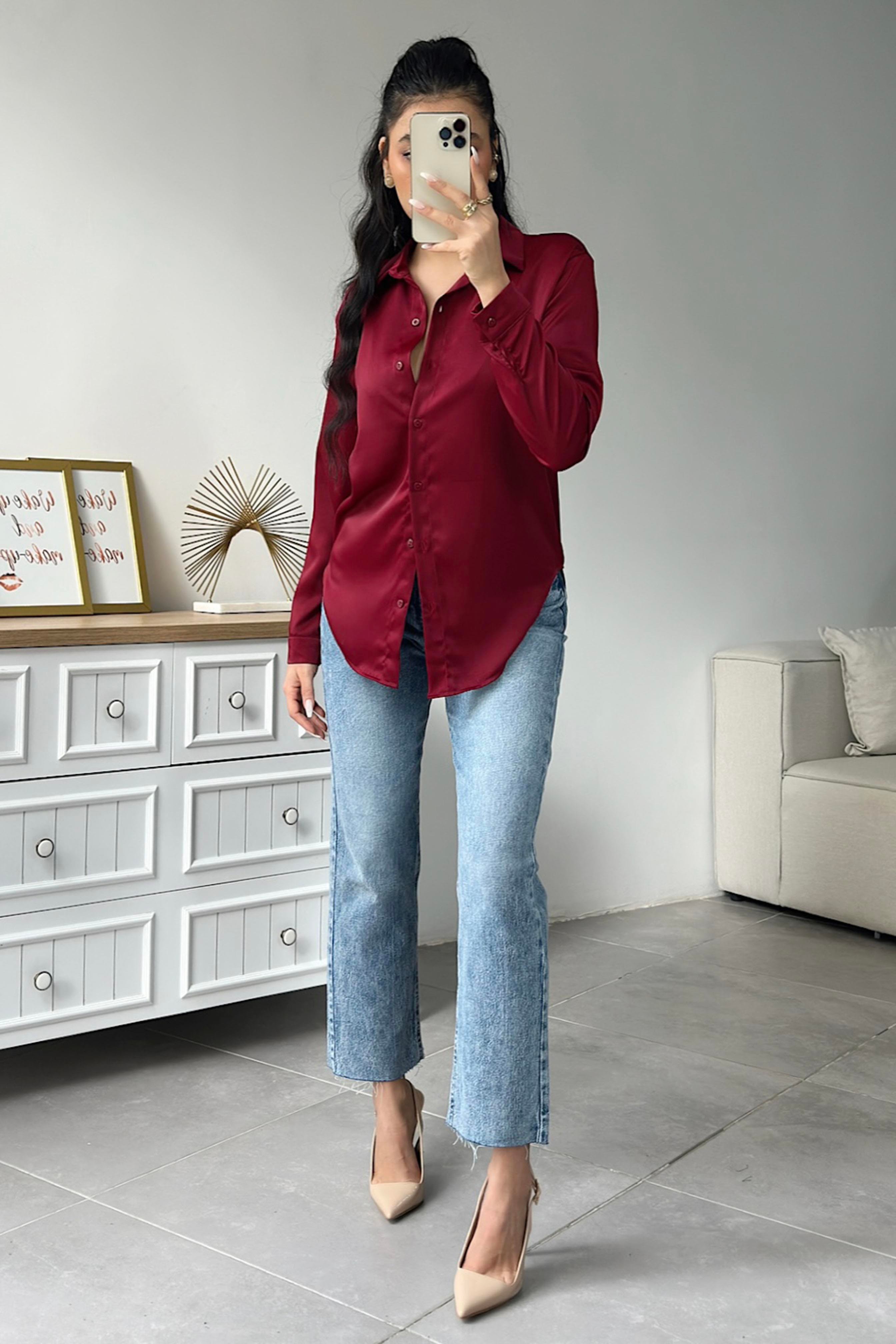 Premium Kalite Basic Saten Gömlek Bordo